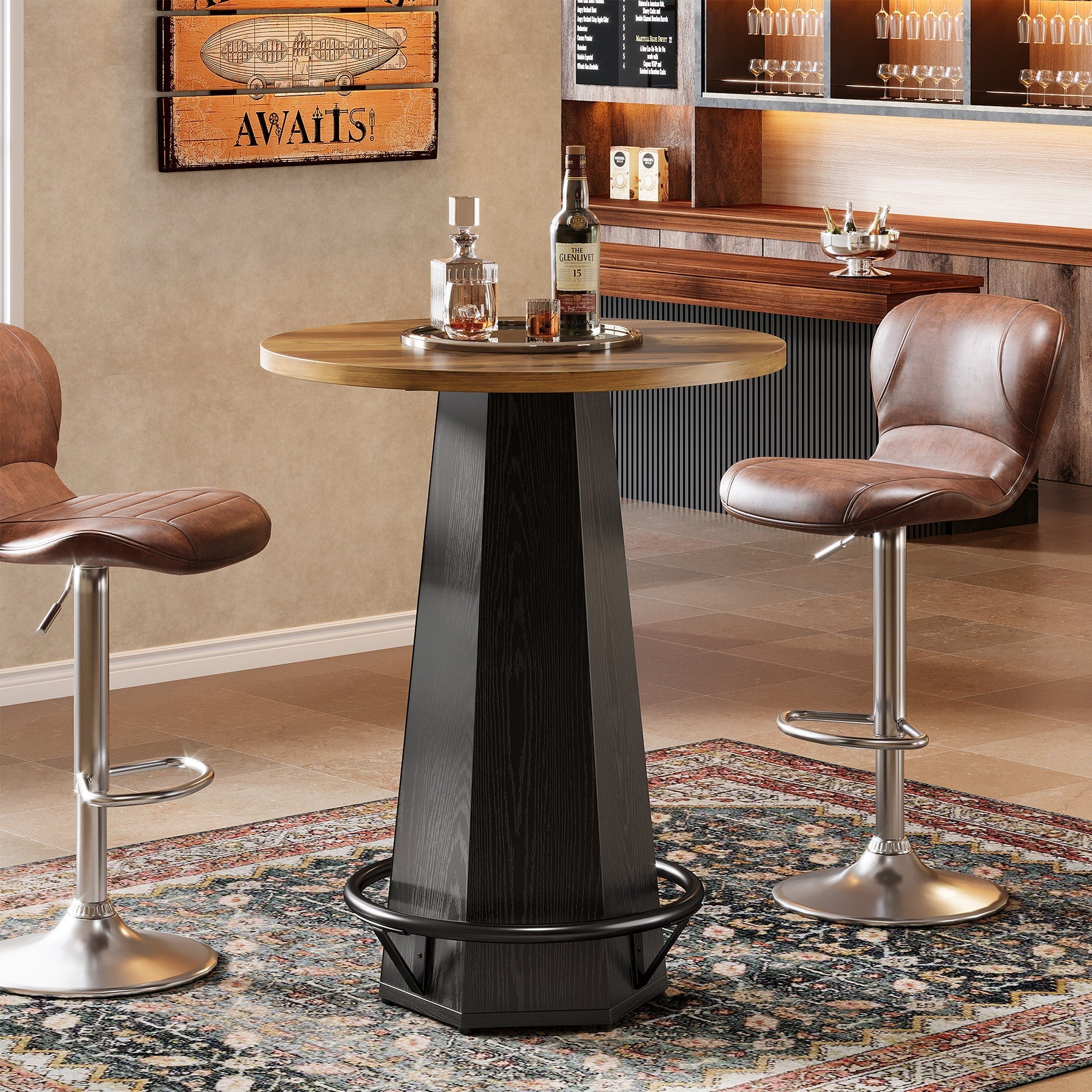 Tribesigns Table de bar ronde de 100 cm pour 2 personnes, Table à manger industrielle avec repose-pieds