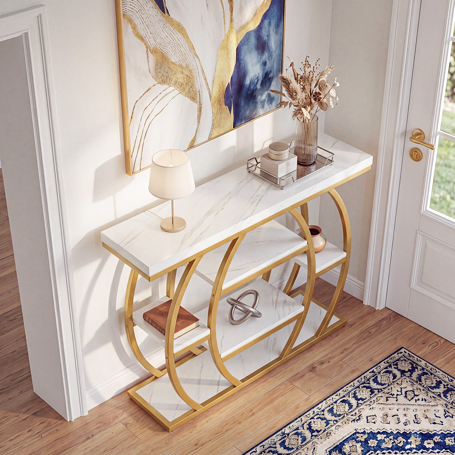 Tribesigns Console 105 cm, Table d'entrée étroite avec 5 étagères, Structure en métal doré et plateau aspect marbre