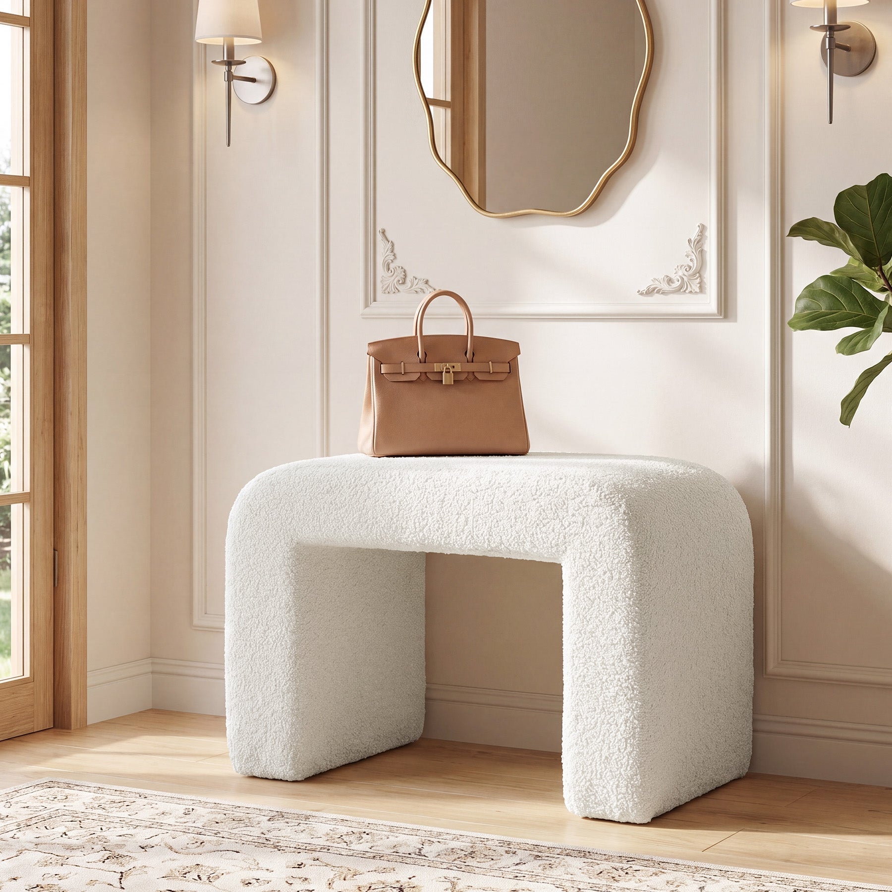Tabouret rembourré en sherpa, Tabouret de coiffeuse moderne avec revêtement en peluche