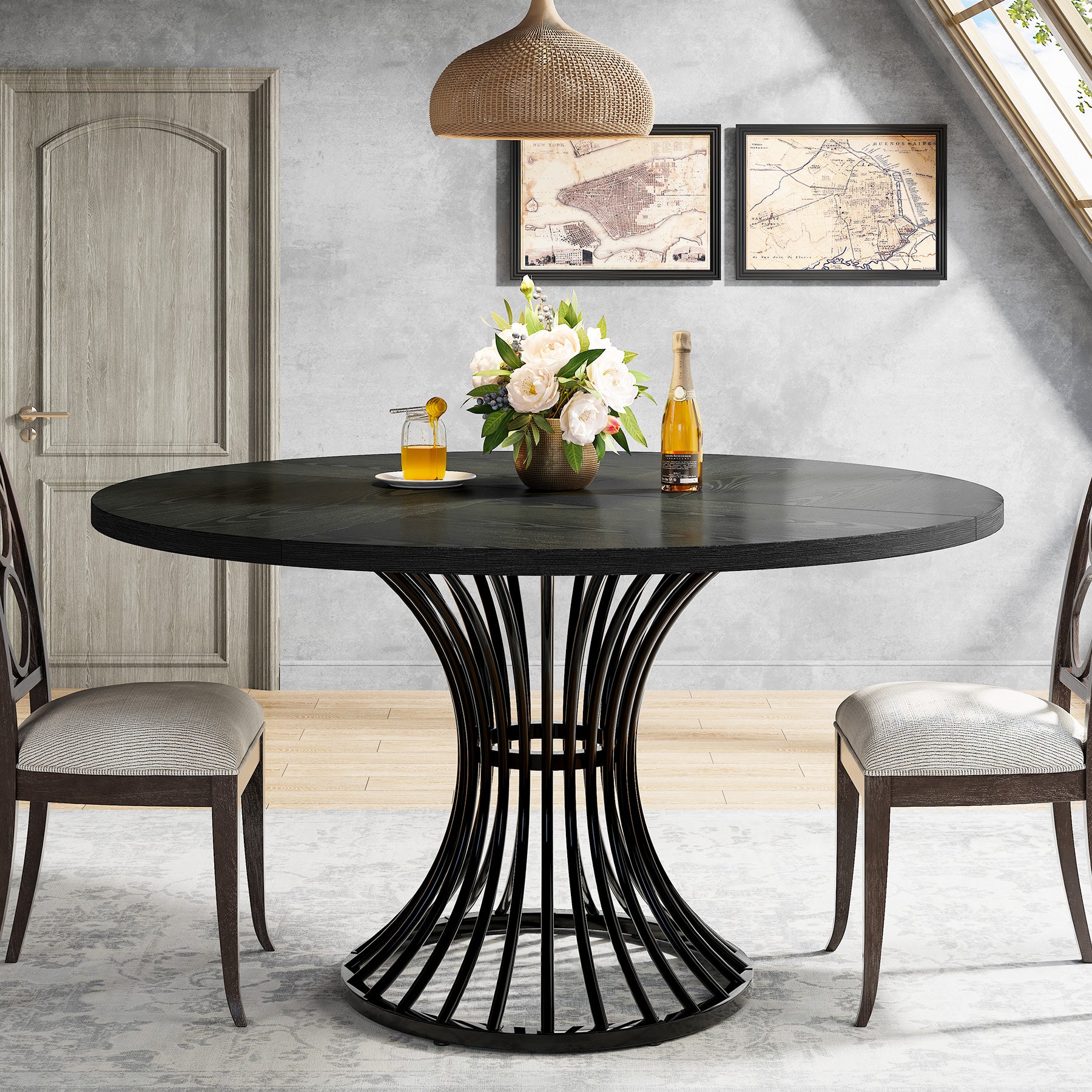 Tribesigns Table de salle à manger ronde pour 4 à 6 personnes, Table de cuisine ronde avec pied en métal pour cuisine