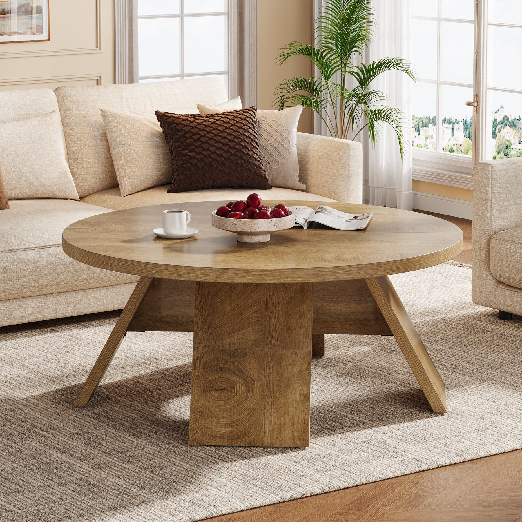 Tribesigns Table basse ronde en bois de 100 cm avec pieds évasés, Table d'appoint moderne pour salon