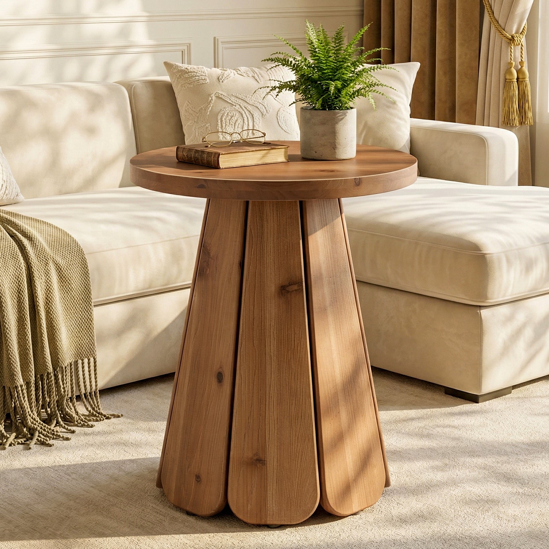 Tribesigns Table d'appoint ronde en bois massif 50 cm, Style champêtre avec piètement sculptural