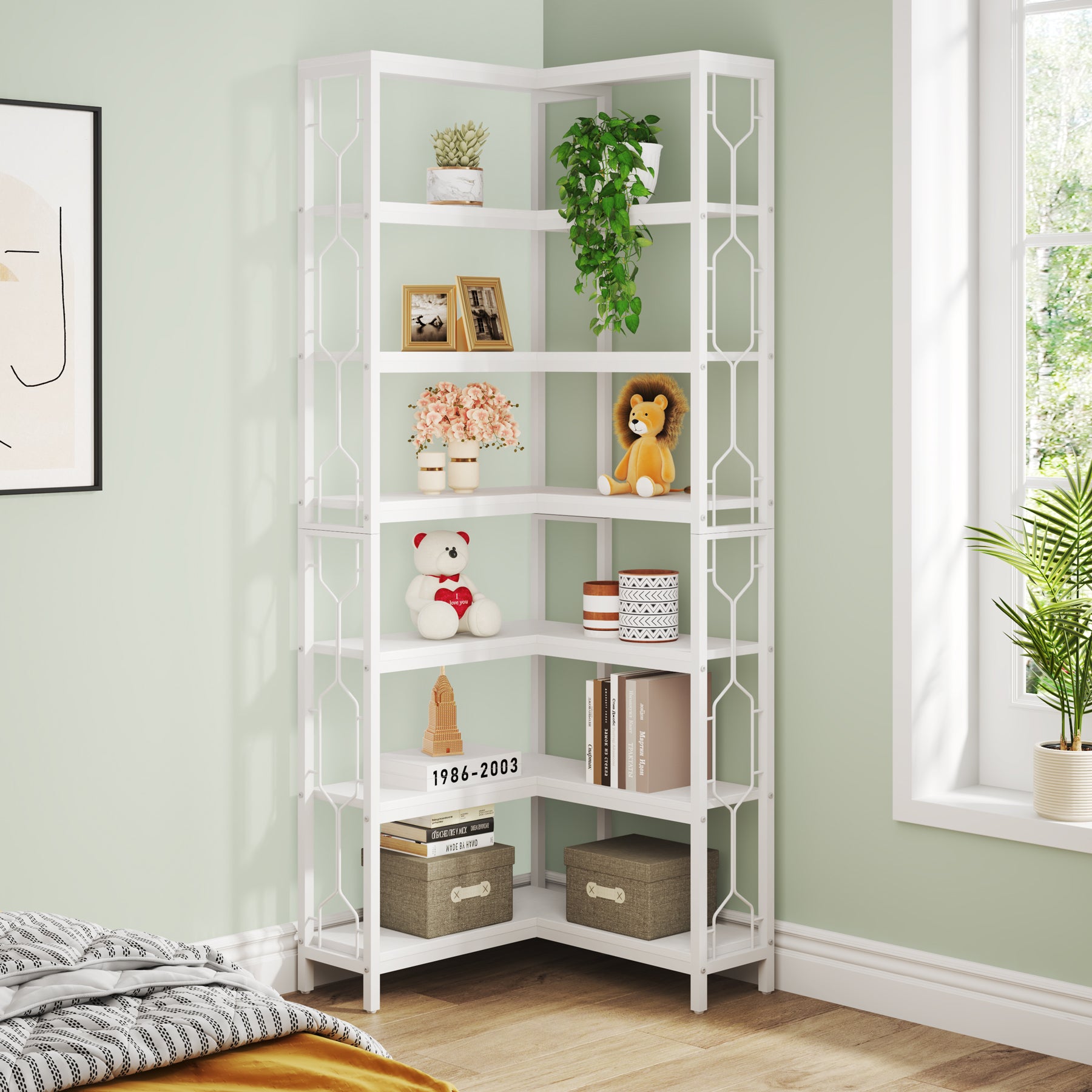 Tribesigns Étagère d'angle en bois et métal, Bibliothèque industrielle à 7 niveaux