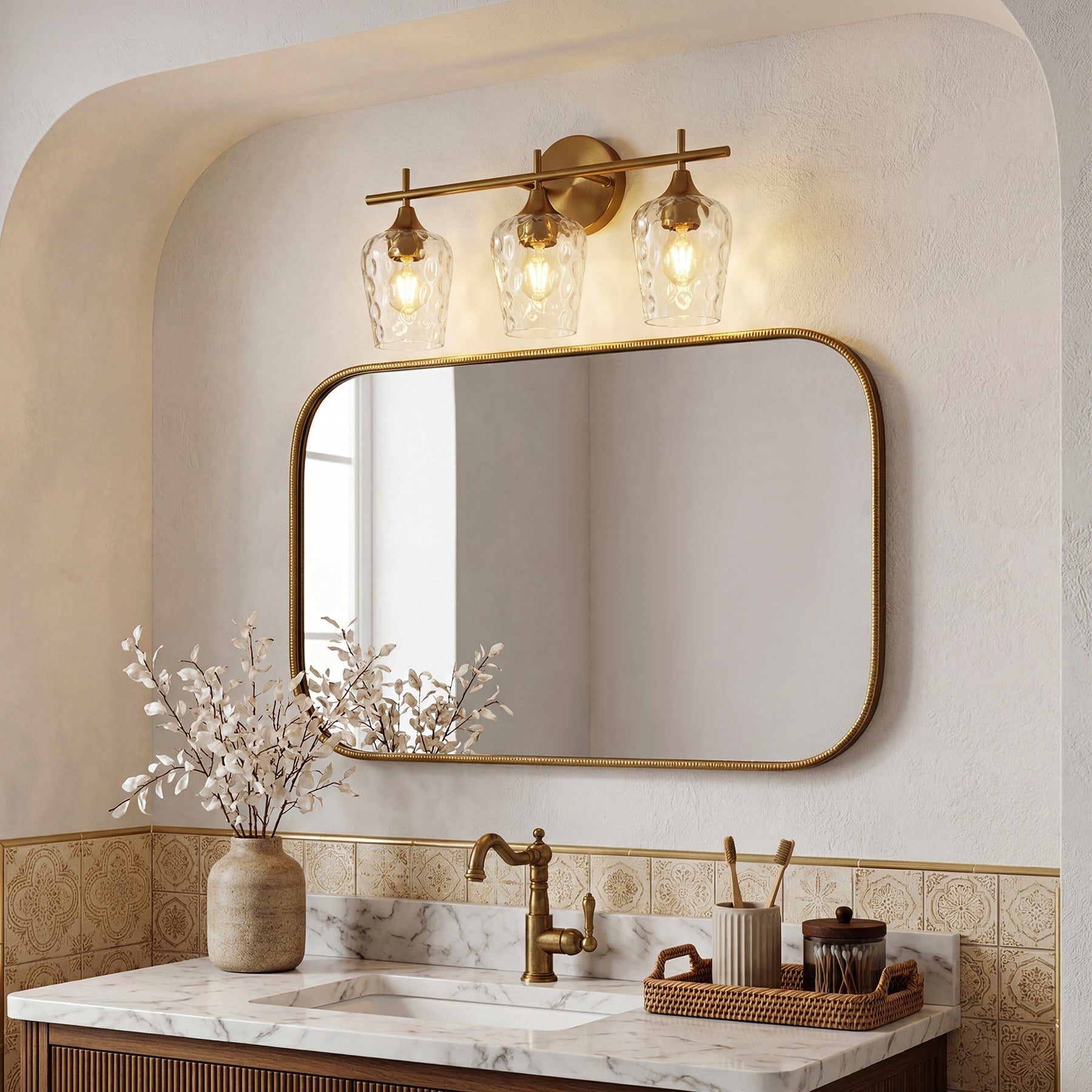 Tribesigns Applique murale LED à 3 lumières pour salle de bain, Dorée avec verre texturé douille E27 éclairage miroir