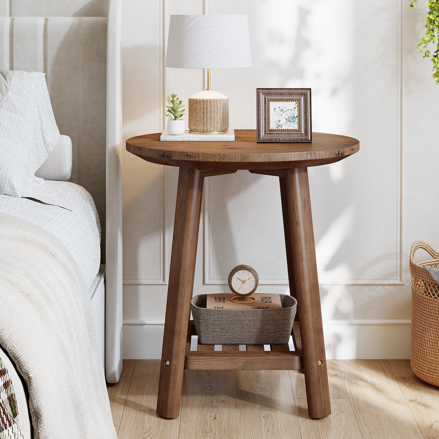 Table d'appoint ronde Tribesigns en bois massif, petite table de chevet à 2 niveaux avec étagère