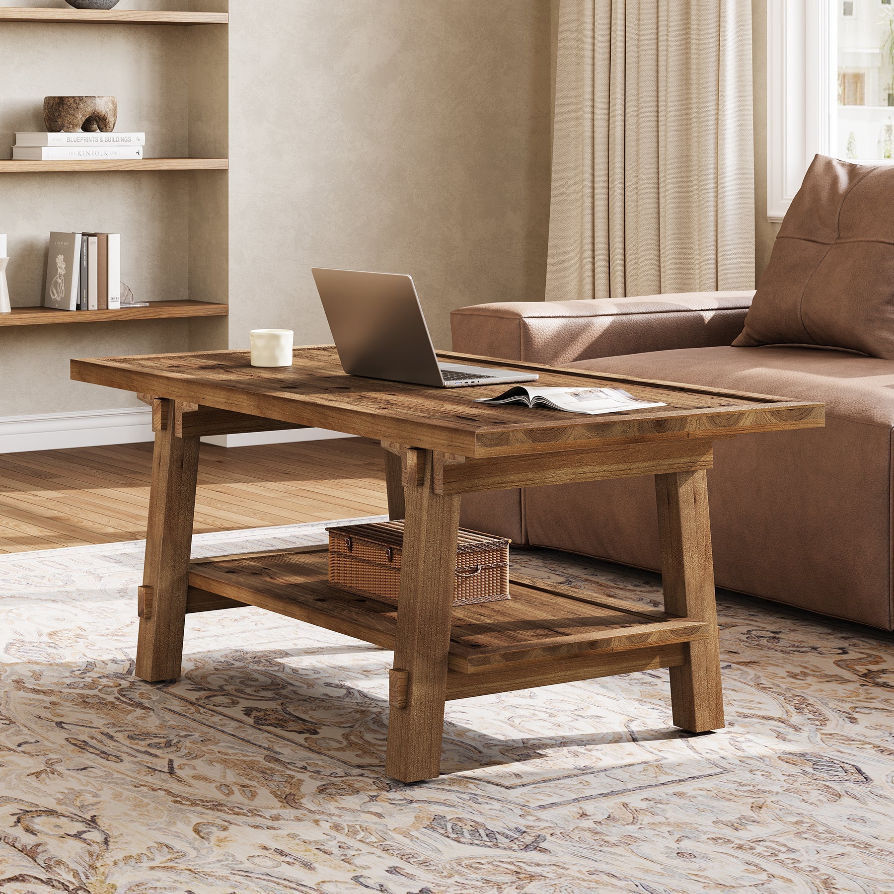 Tribesigns Table basse rectangulaire en bois massif de 120 cm, Style campagnard avec 2 étagères