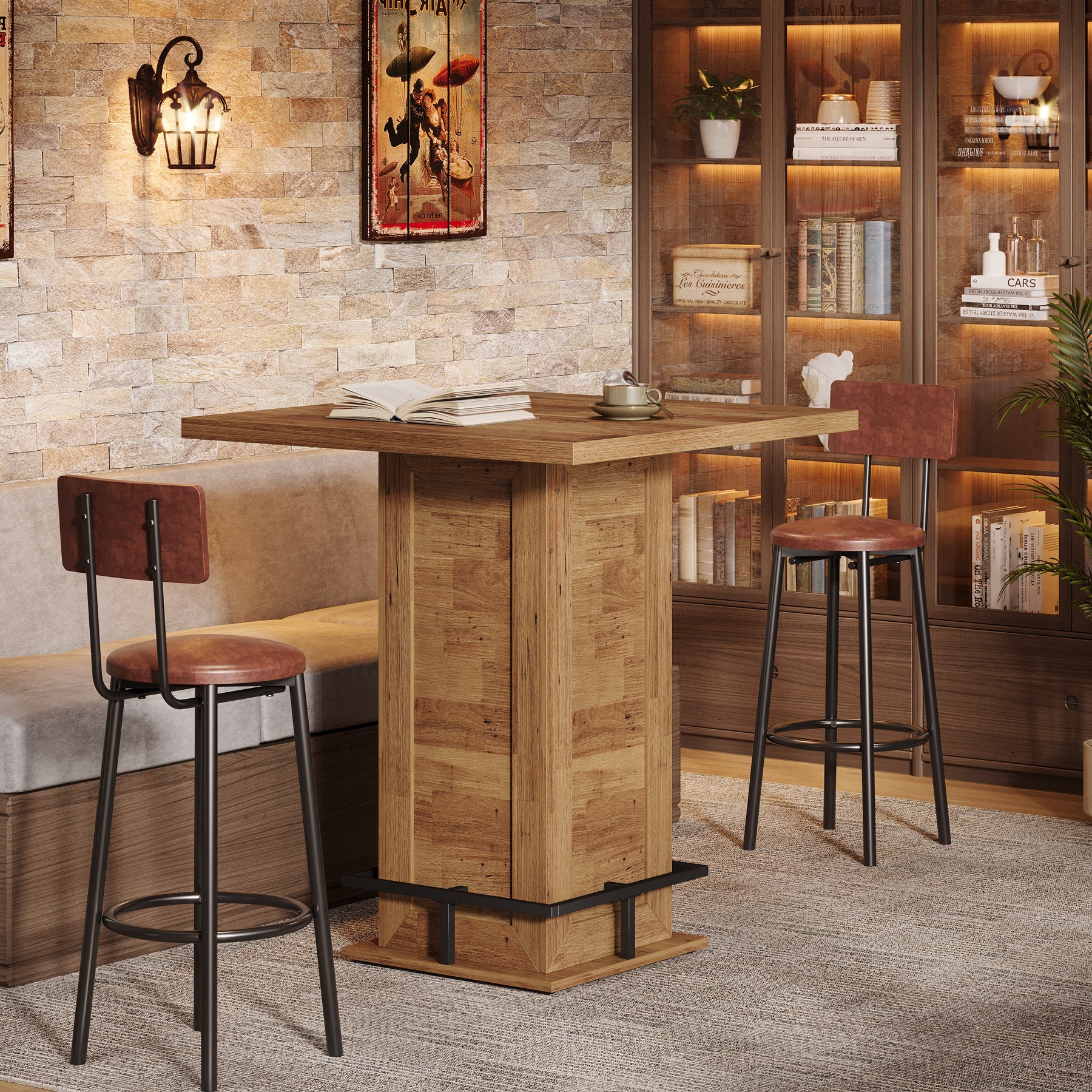 Tribesigns Table de bar carrée industrielle de 100 cm, Table haute de style bistro avec repose-pieds pour coin bar de cuisine dans les petits espaces