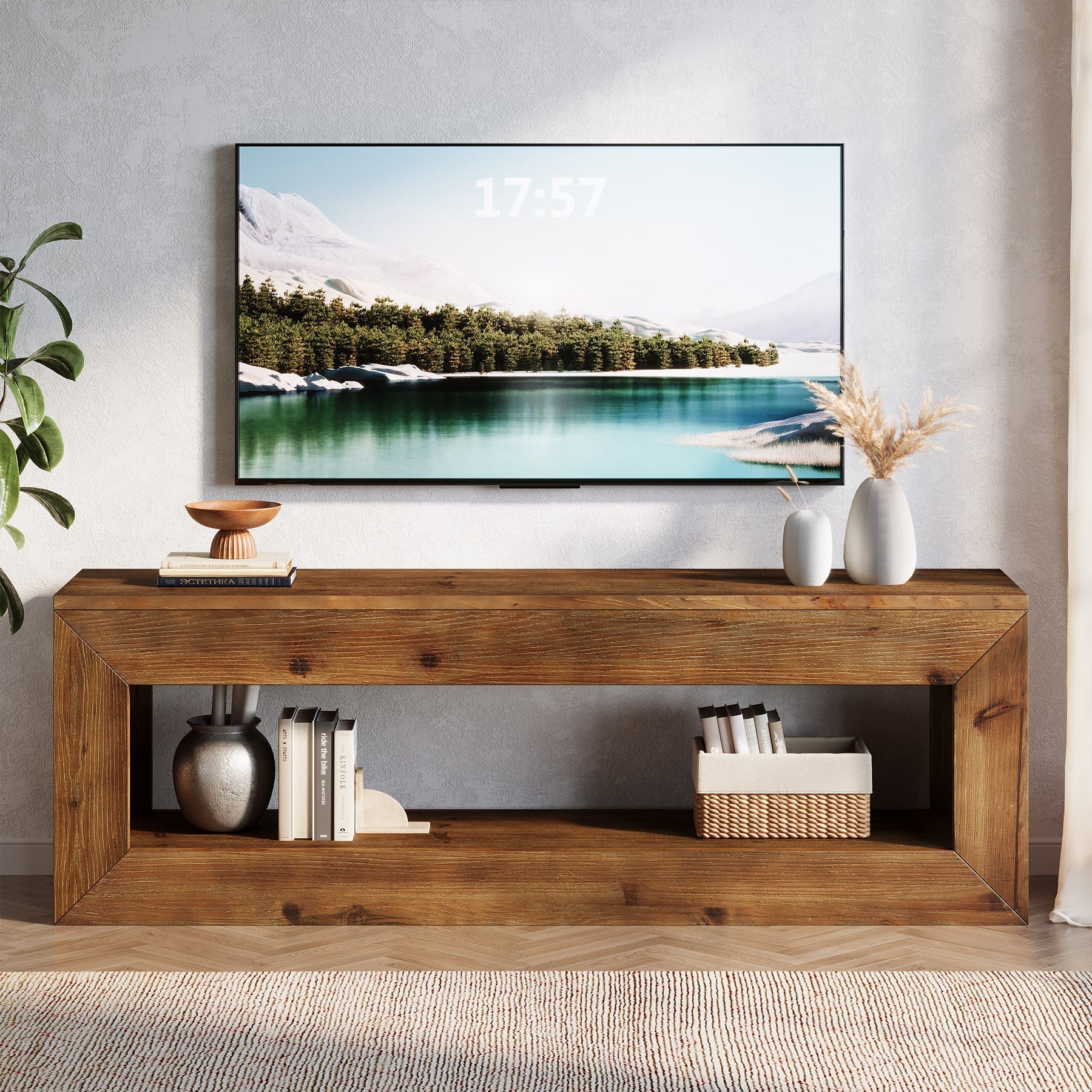 Tribesigns Meuble TV 120 cm en bois massif avec rangement, Meuble bas rustique pour équipement multimédia