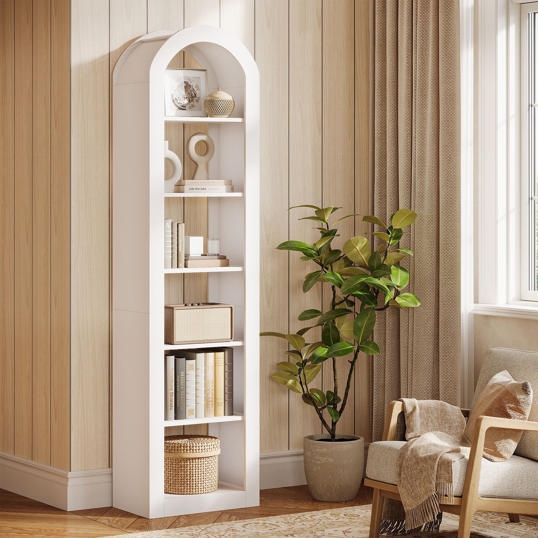 Tribesigns Bibliothèque haute de 190 cm de haut de forme arquée avec étagère étroite à 6 niveaux autoportante