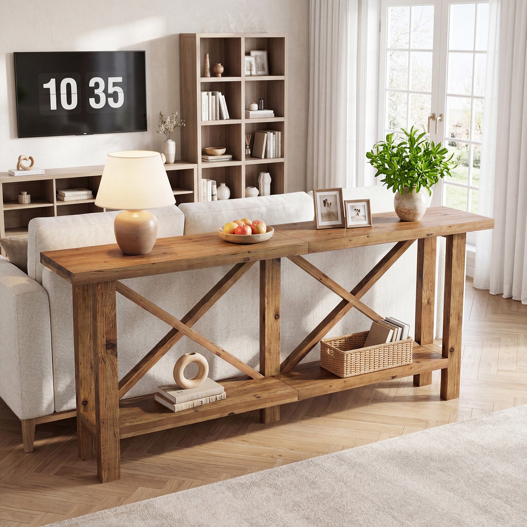 Console étroite de 180 cm, Table d'entrée à 2 niveaux en bois massif