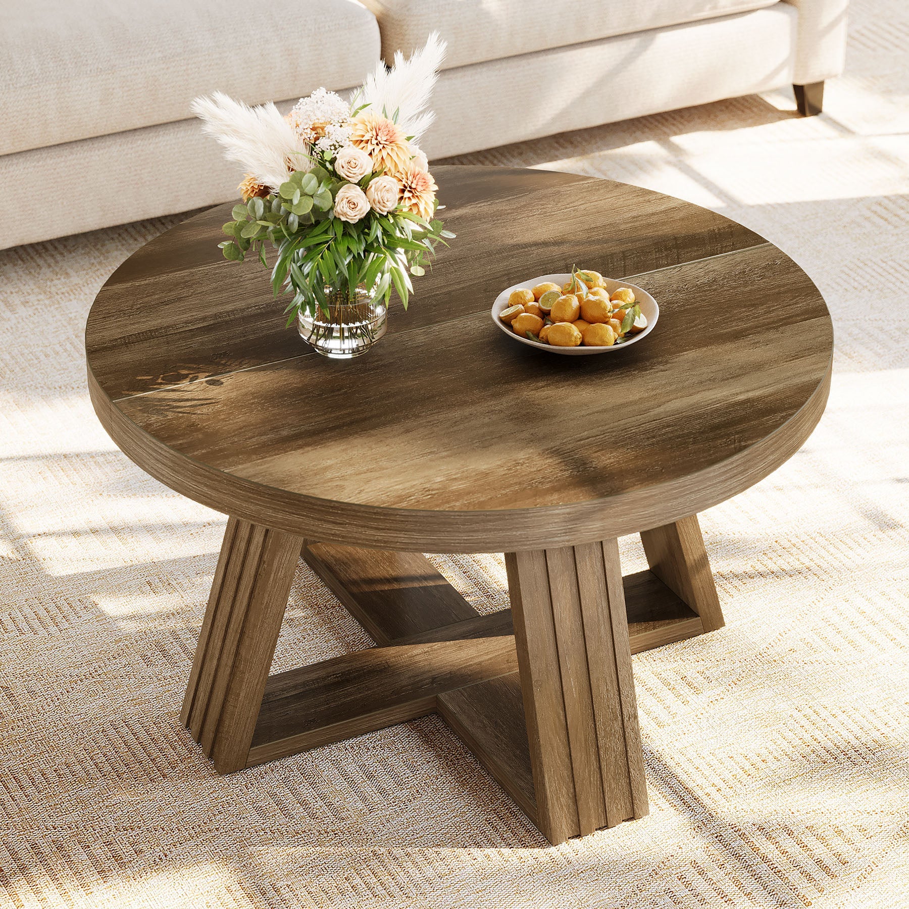 Tribesigns Table basse ronde 80 cm, Style champêtre table de salon avec motif bois et structure en croix
