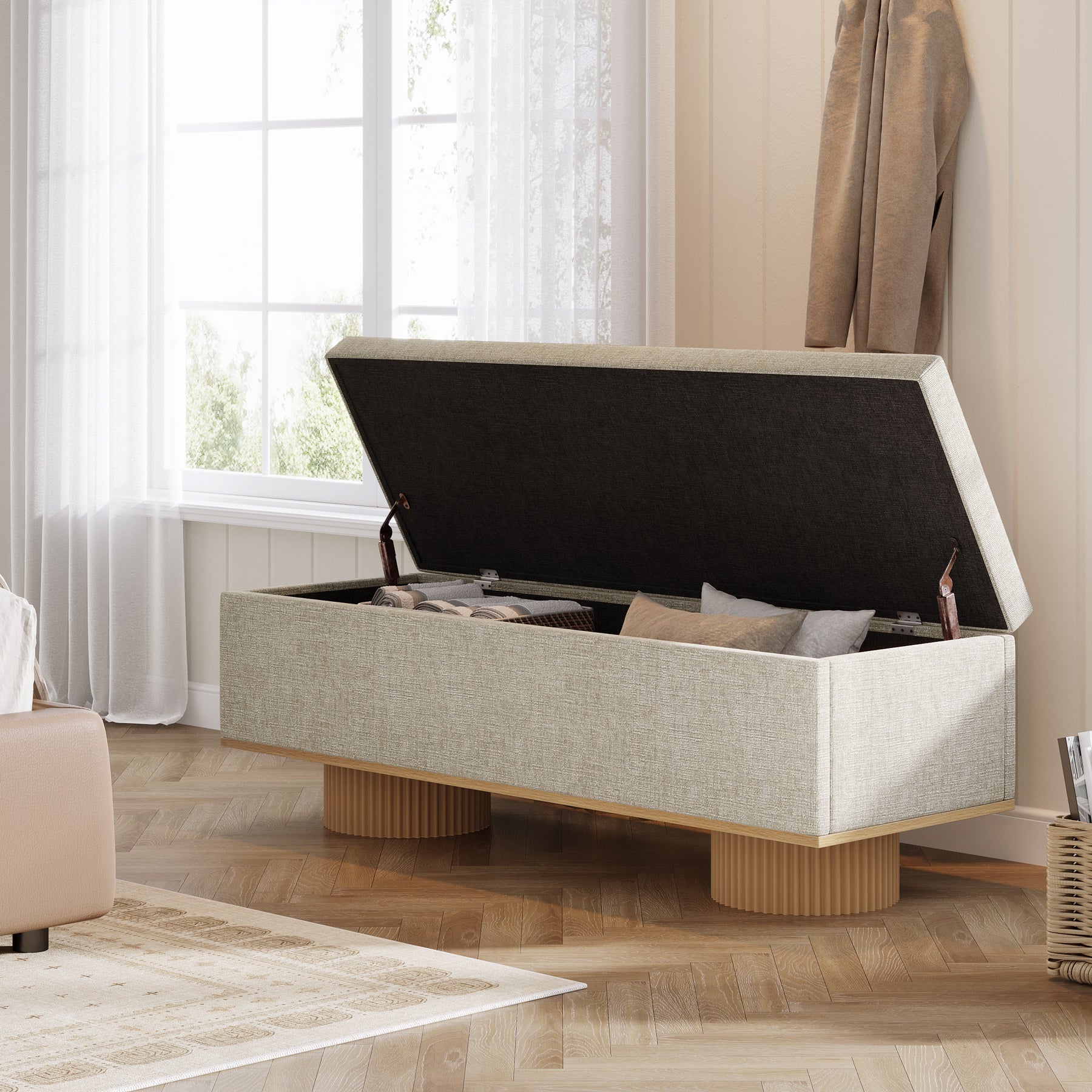 Banc à chaussures de 128 cm, Banc d'entrée rembourré avec rangement pliable
