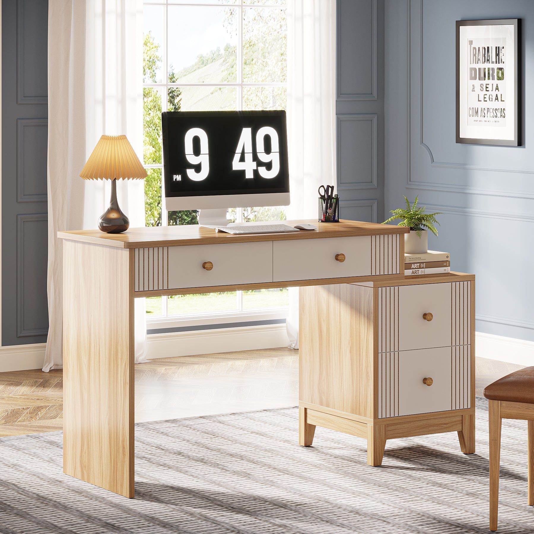 4-Drawer Computer Desk, Wooden Study Writing Table with Storage Tribesigns