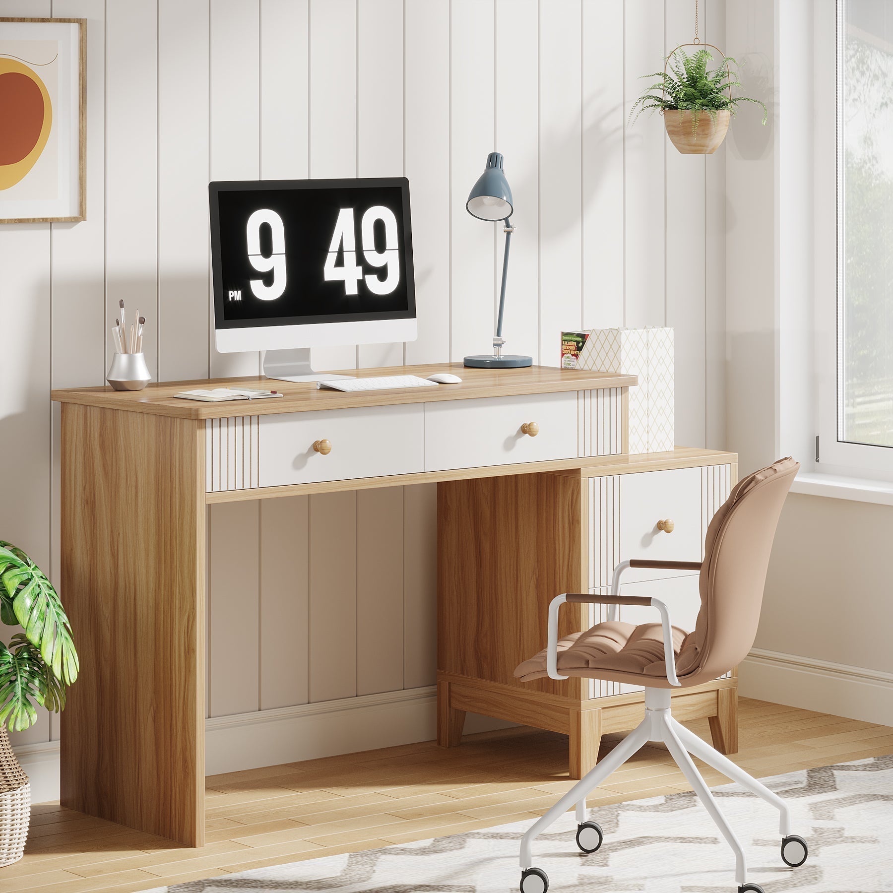 4-Drawer Computer Desk, Wooden Study Writing Table with Storage Tribesigns