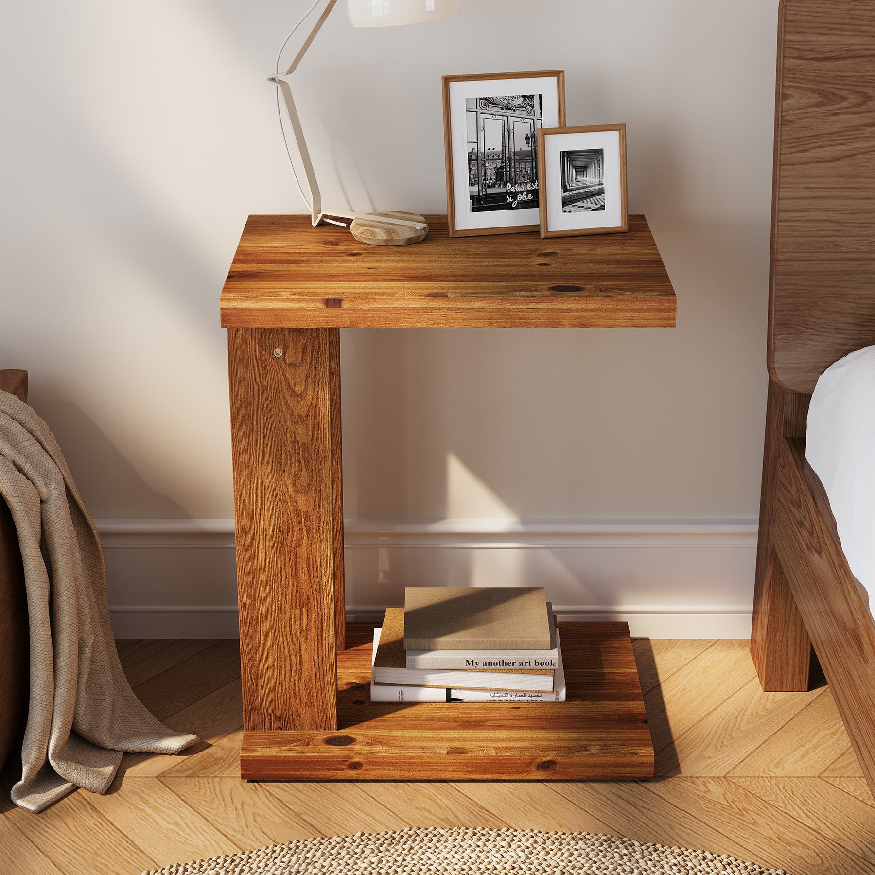 Tribesigns Table d'appoint en forme de C 50x35x60 cm, Table de chevet à deux niveaux en bois massif avec une construction stable pour la chambre