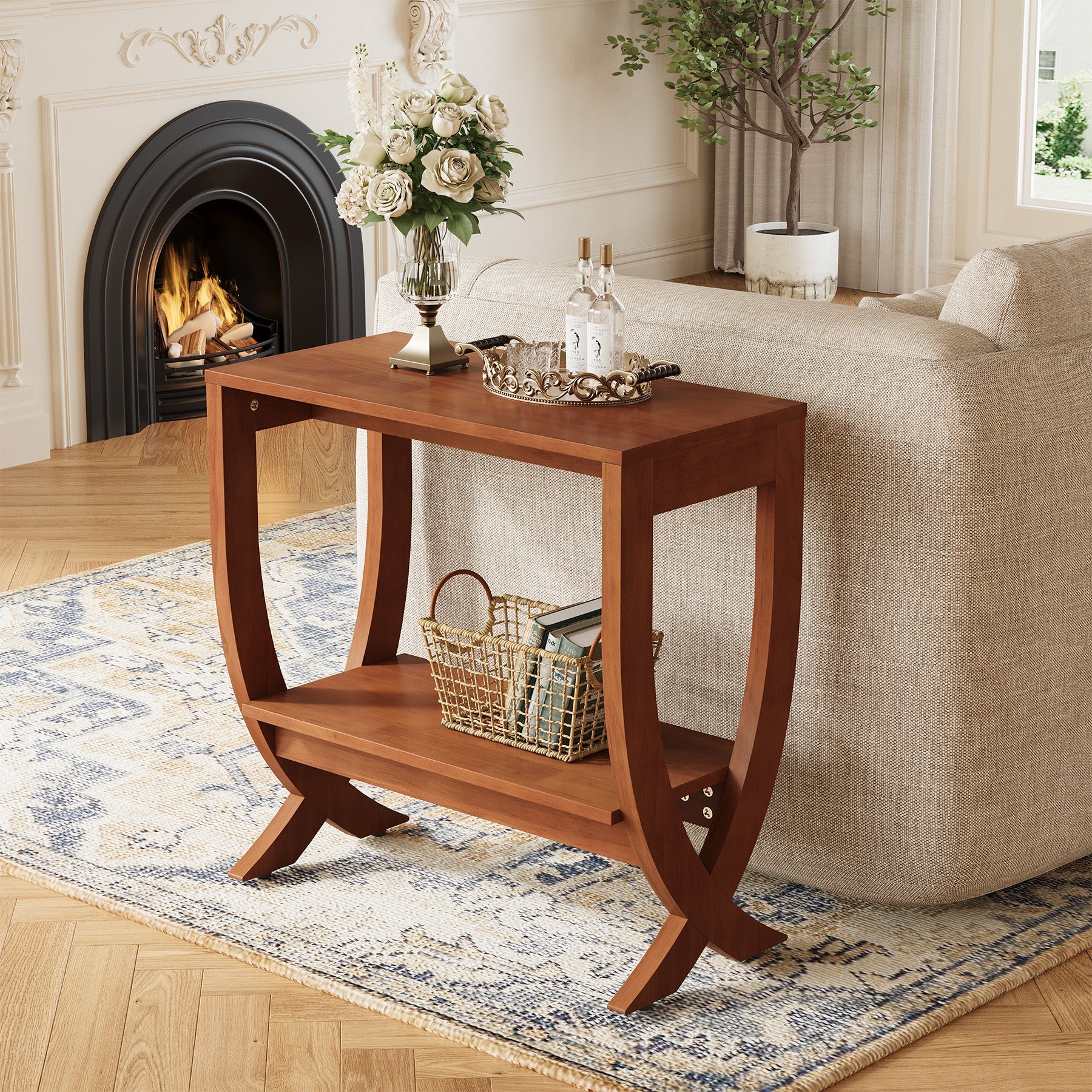 Table d'appoint en bois massif avec étagère, Table de chevet étroite à cadre arqué