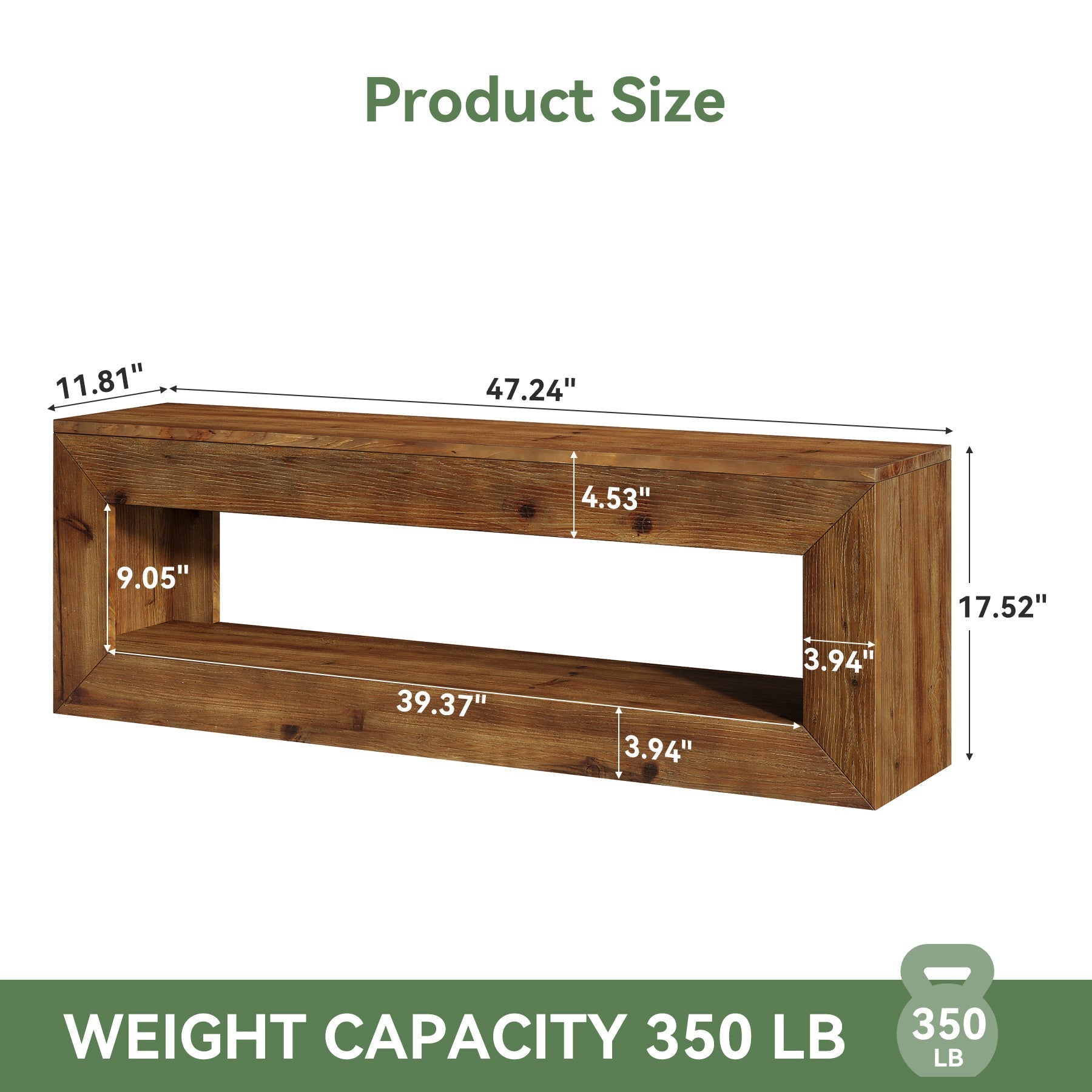 Banc d'entrée en bois massif de 120 cm avec étagère de rangement style rustique