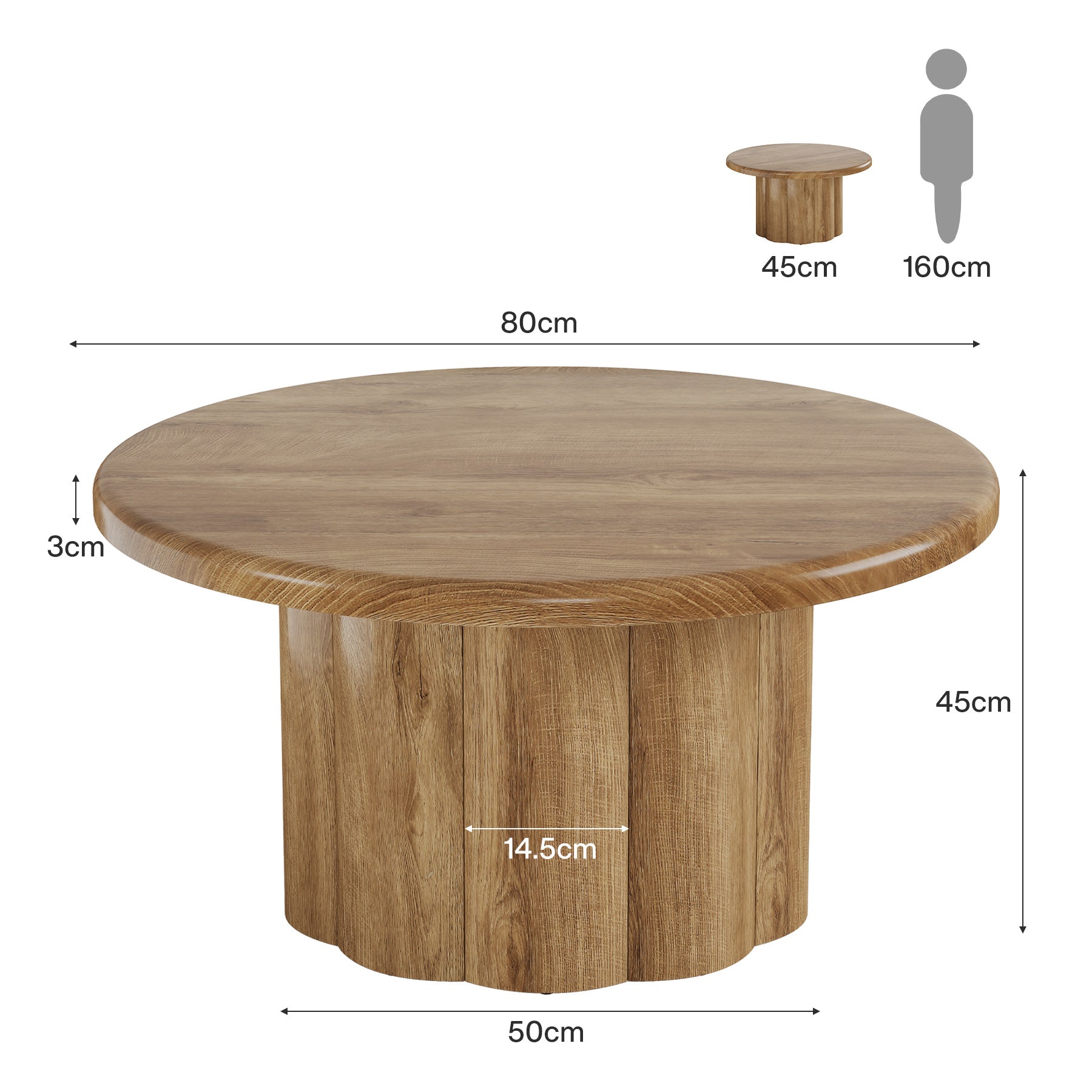 Tribesigns Table basse ronde de 80 cm, Table de salon au design maison de campagne avec base nervurée en marron