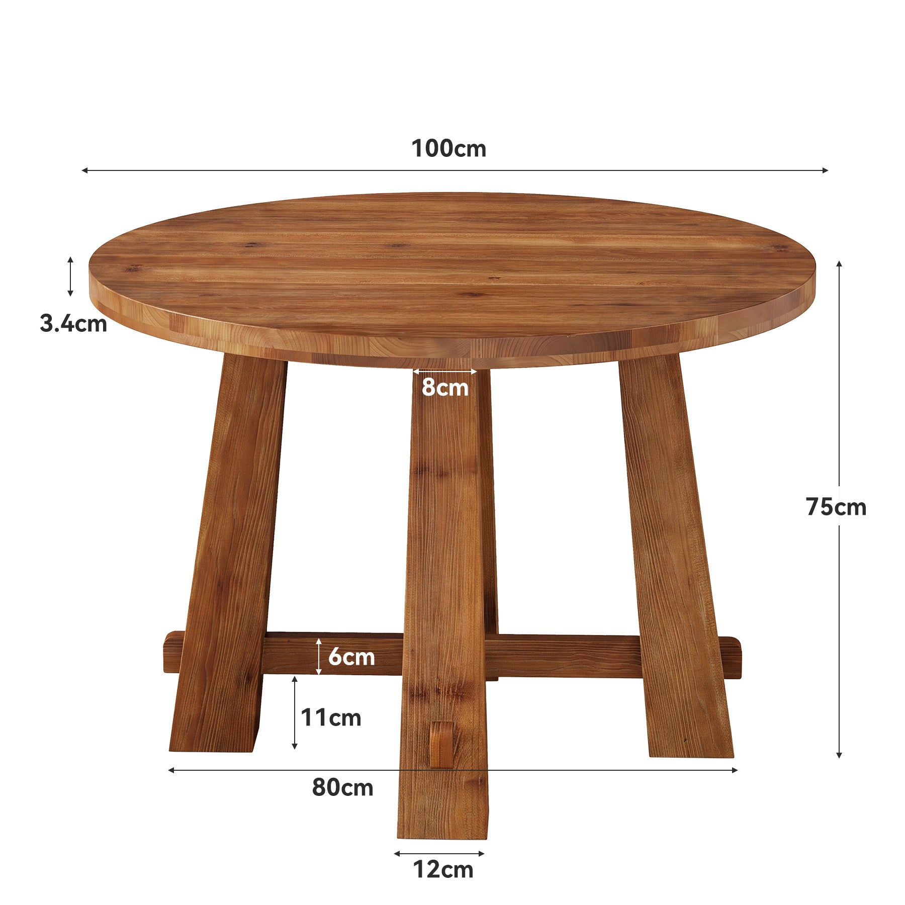 Tribesigns ronde massief houten eettafel 100 cm, landelijke keukentafel met kruisframe voor 2–4 personen