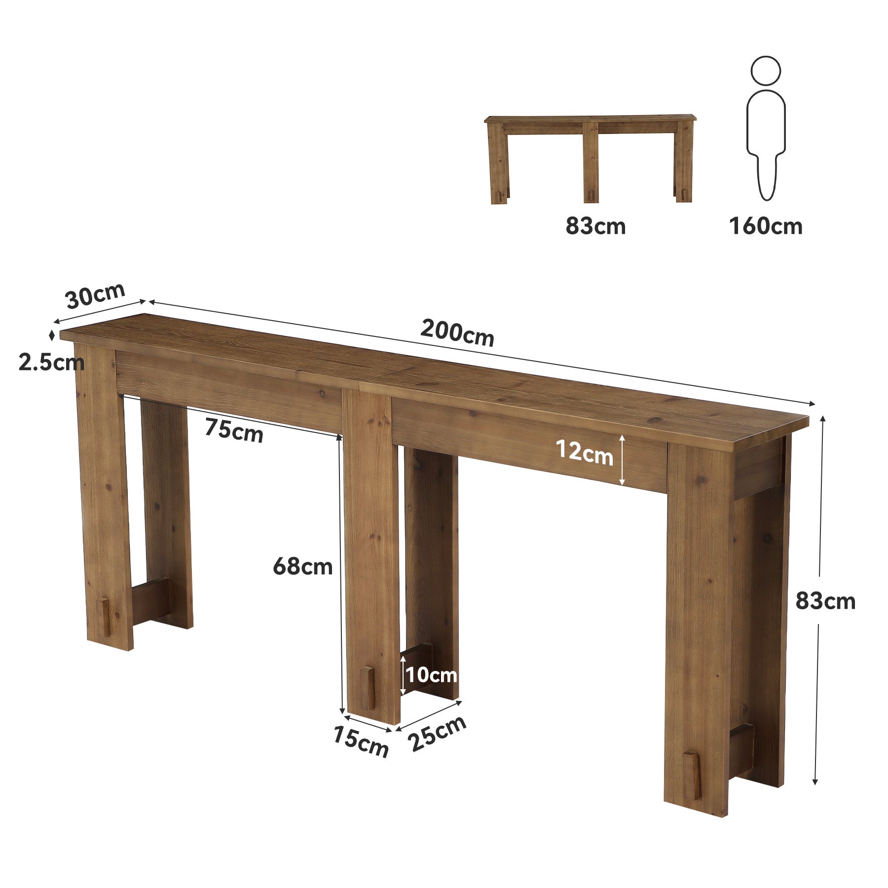 Console en bois massif de 200 cm, Table-banc extra longue en pin à 6 pieds