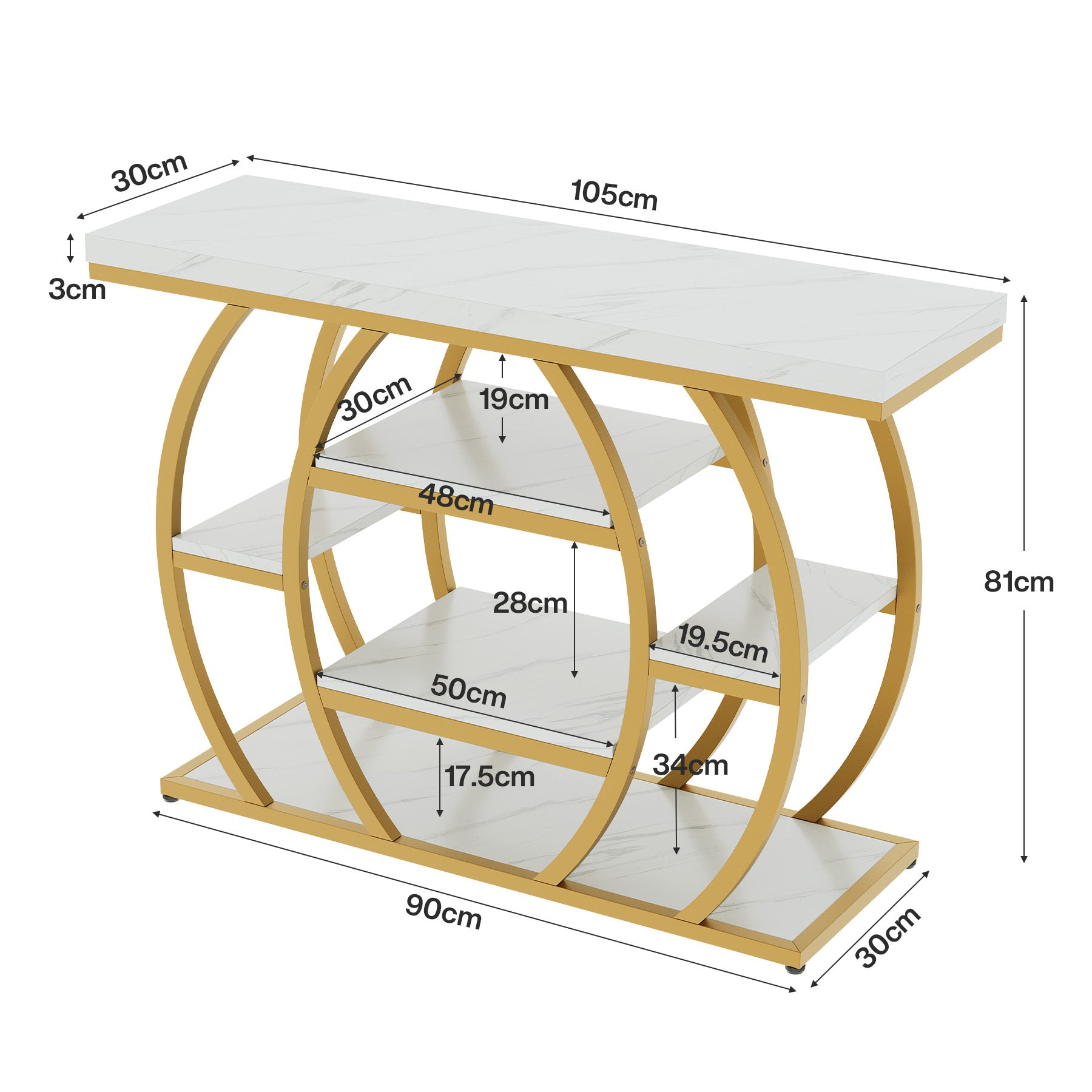 Tribesigns Console 105 cm, Table d'entrée étroite avec 5 étagères, Structure en métal doré et plateau aspect marbre