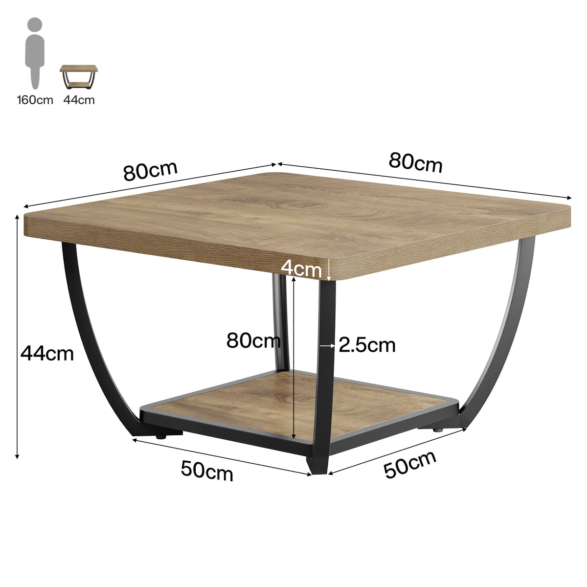 Tribesigns Table basse carrée de 80 cm avec étagère, Table de salon à deux niveaux avec structure en métal