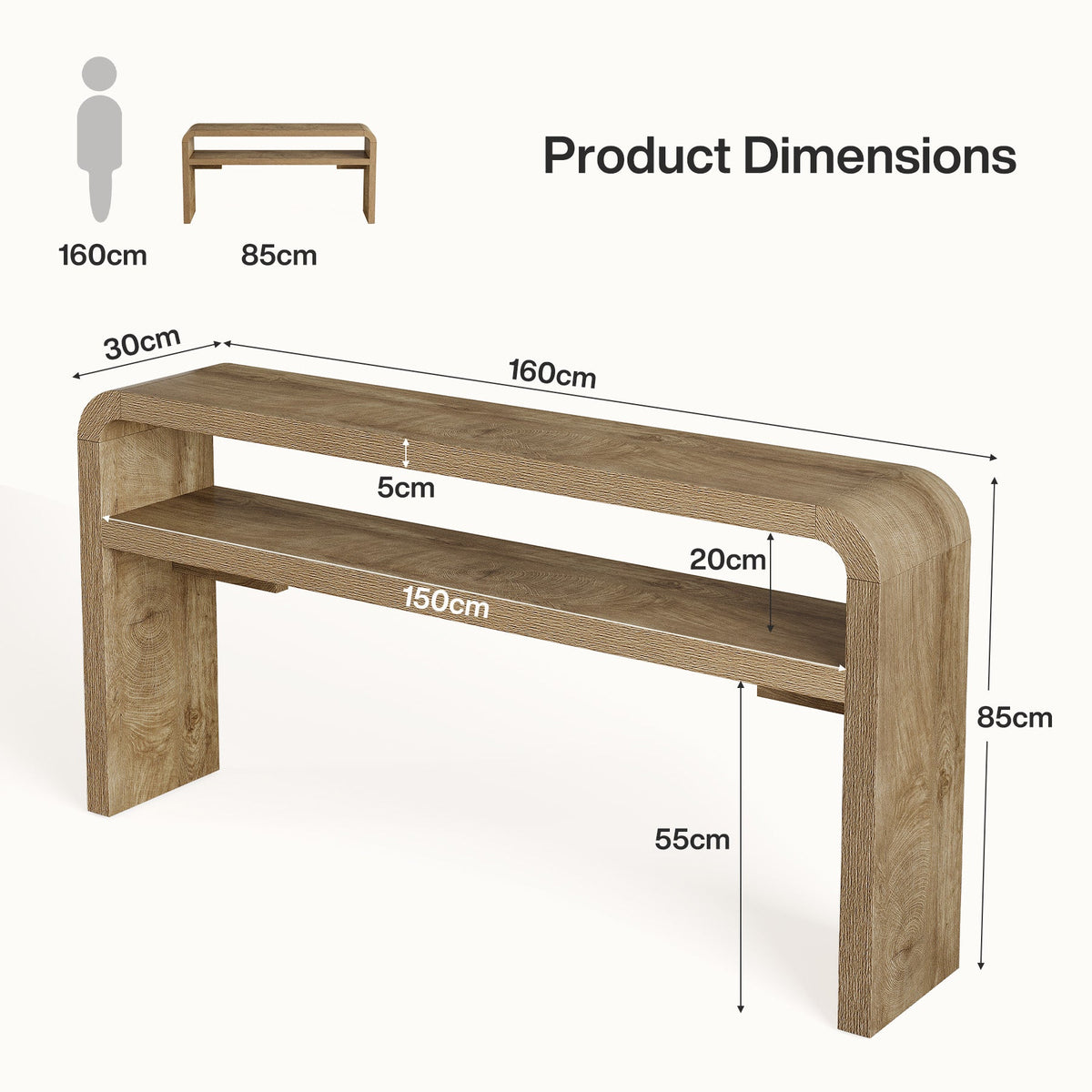 Tribesigns Table console étroite 160 cm profondeur 30 cm avec 2 étagères