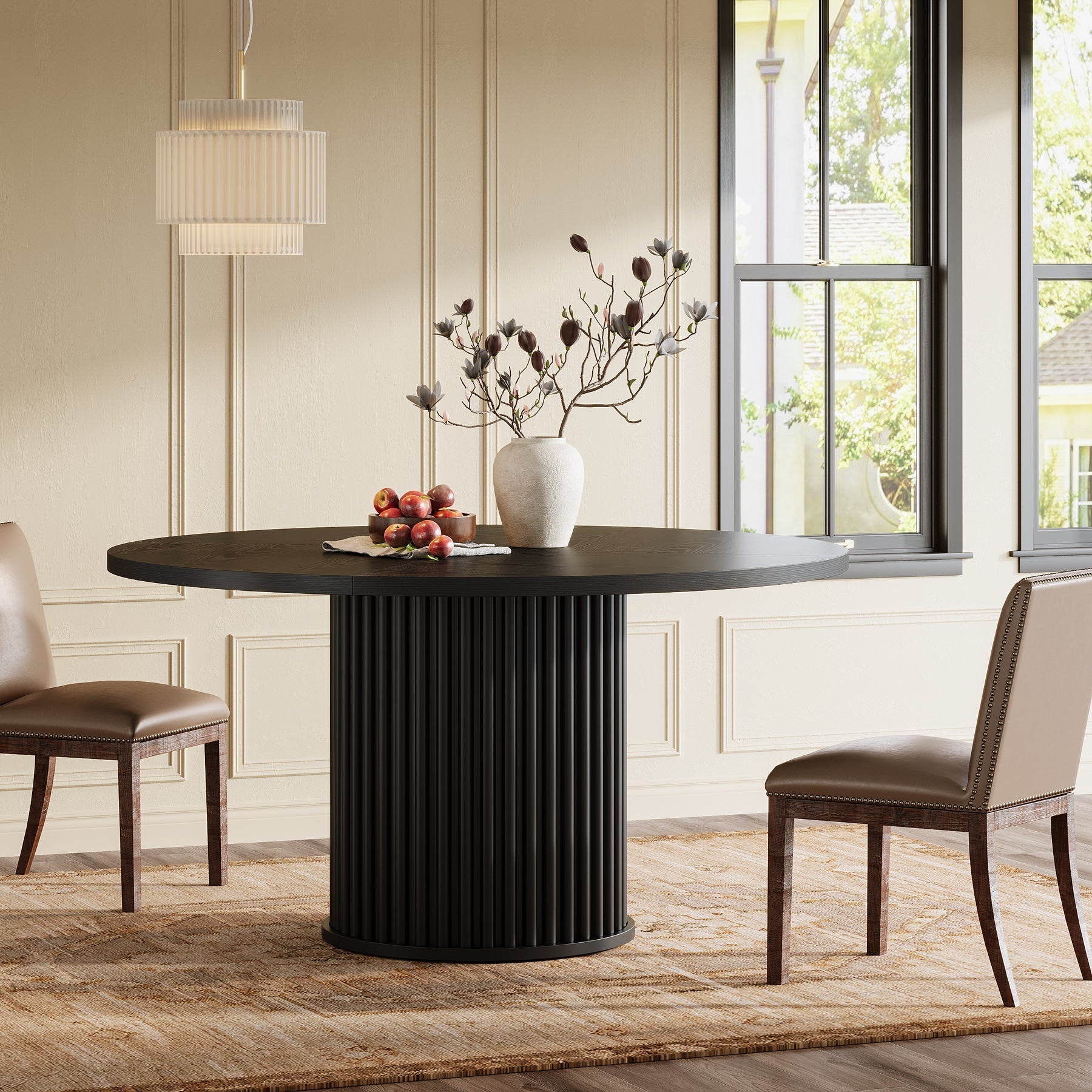 47" Round Dining Table, Wood Kitchen Table With Sturdy Fluted Metal Base Tribesigns