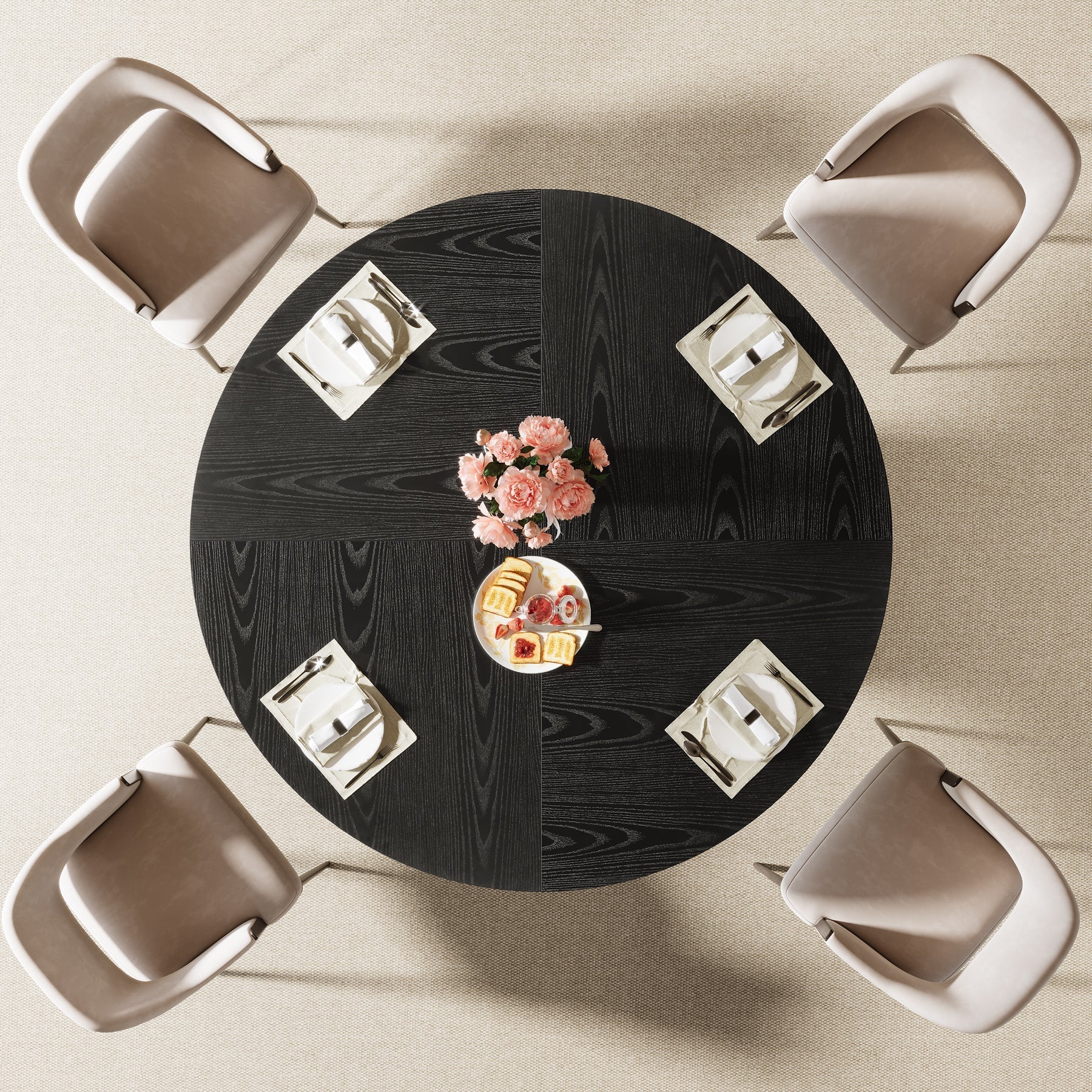 47" Round Dining Table, Wood Kitchen Table With Sturdy Fluted Metal Base Tribesigns