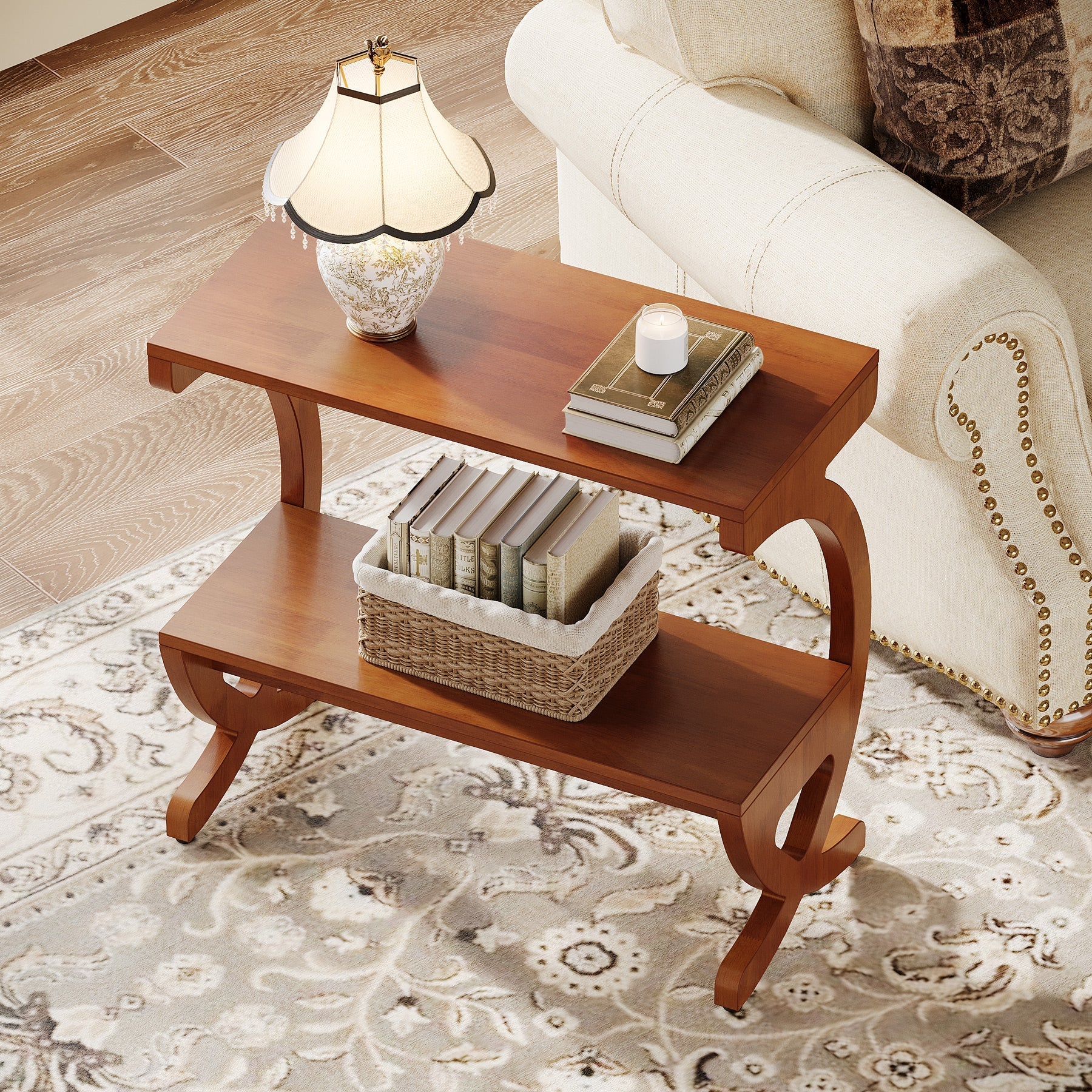 Tribesigns Table d'appoint en bois massif avec étagère, Table de chevet étroite à 2 niveaux de style mid-century