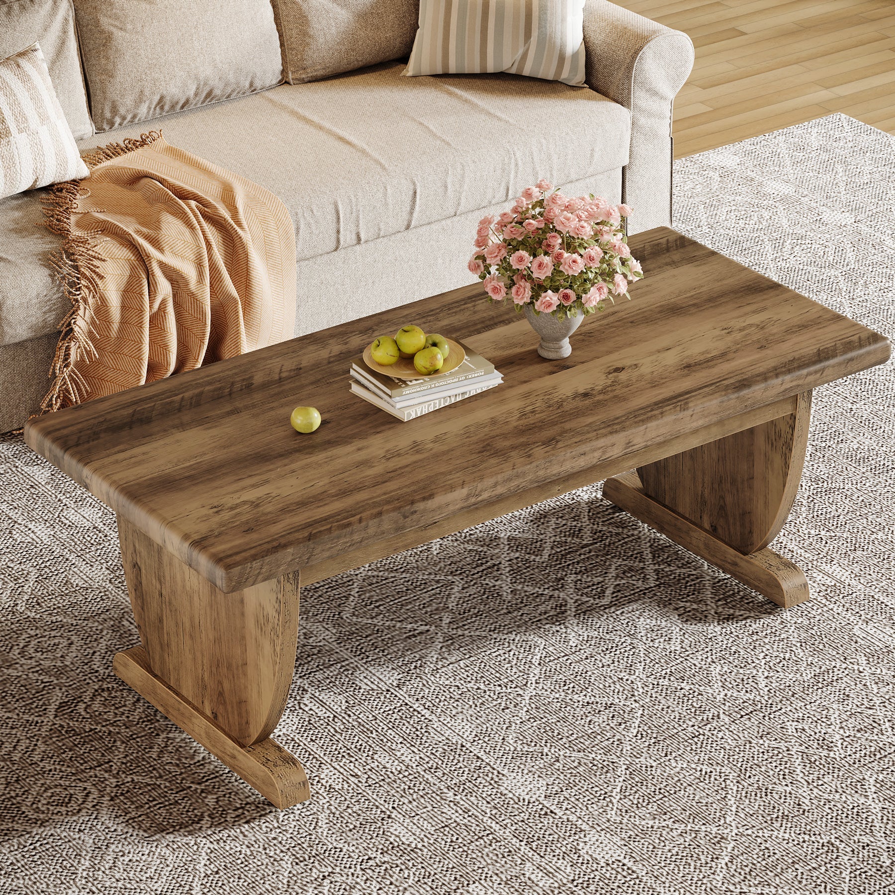 Tribesigns Table basse rectangulaire de 120 cm, Grande table en bois de style campagnard avec pied central robuste