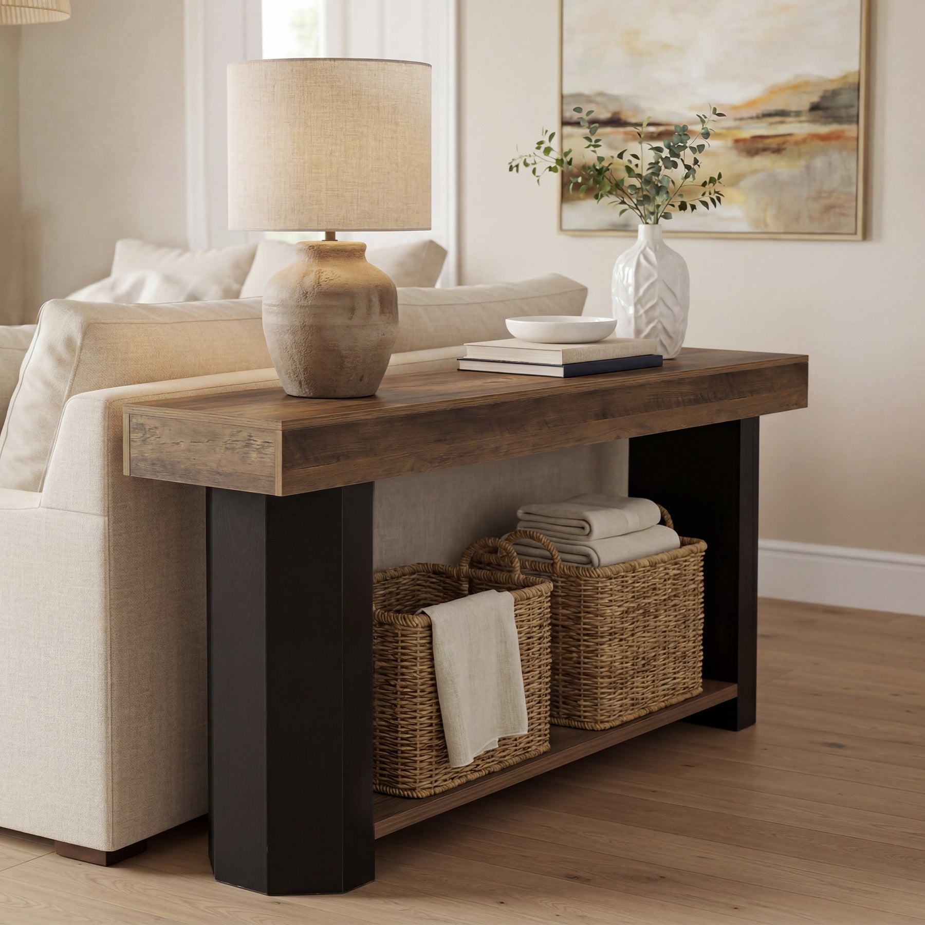 Console de 160 cm avec 2 étagères, Table d'entrée étroite de style industriel