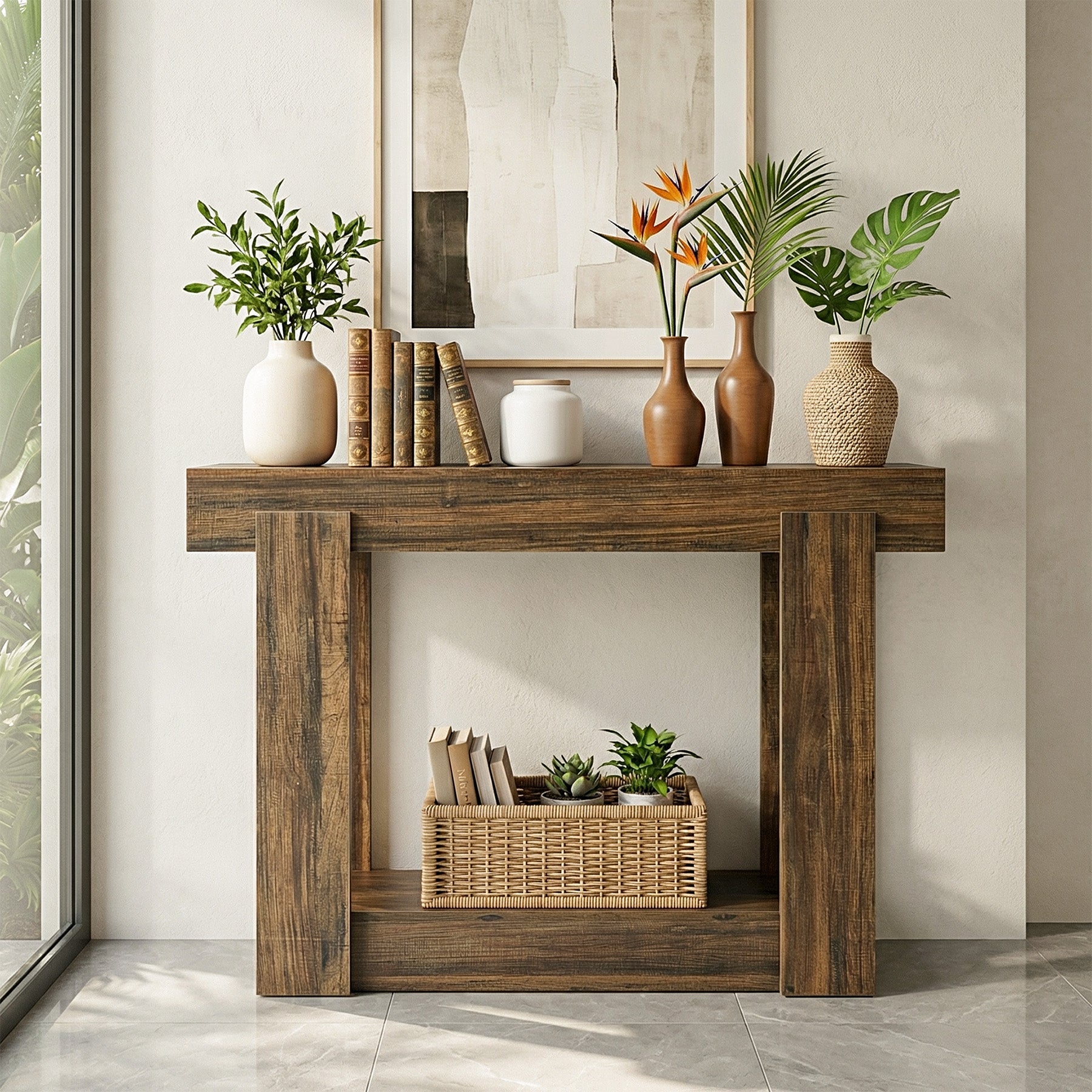 Console de 105 cm avec étagère, Table d'entrée étroite style campagne pour l'entrée et le salon