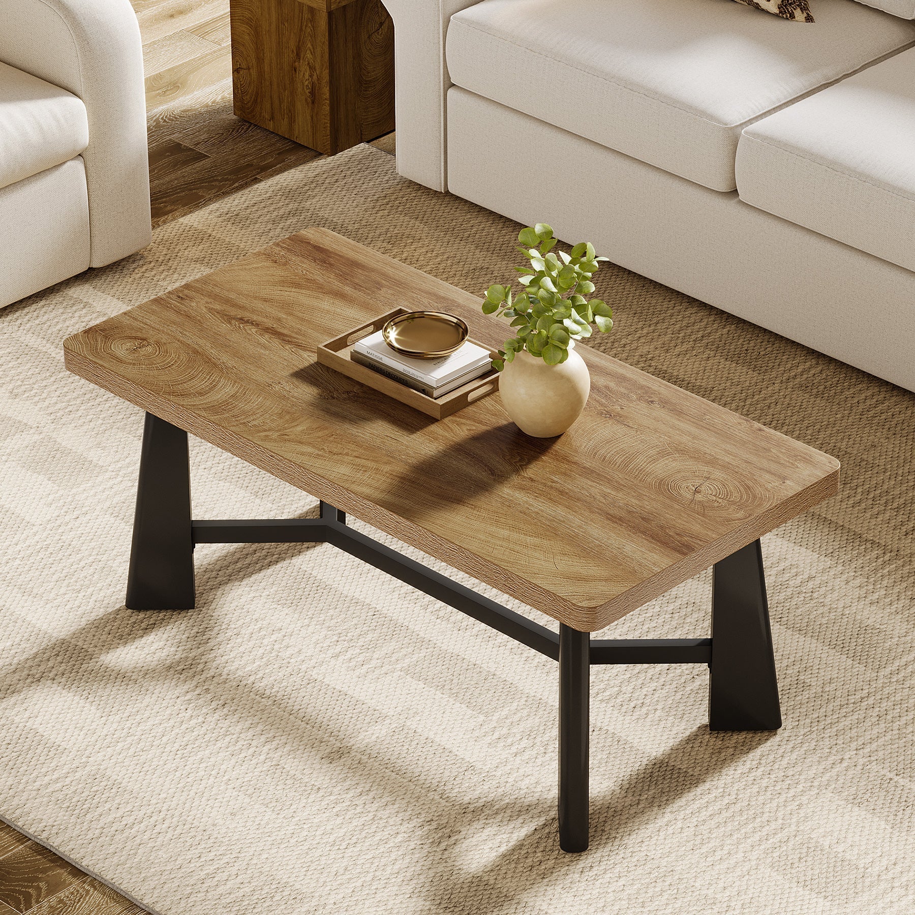 Tribesigns Table basse 120 × 60 cm, Table rectangulaire de salon avec piètement en métal