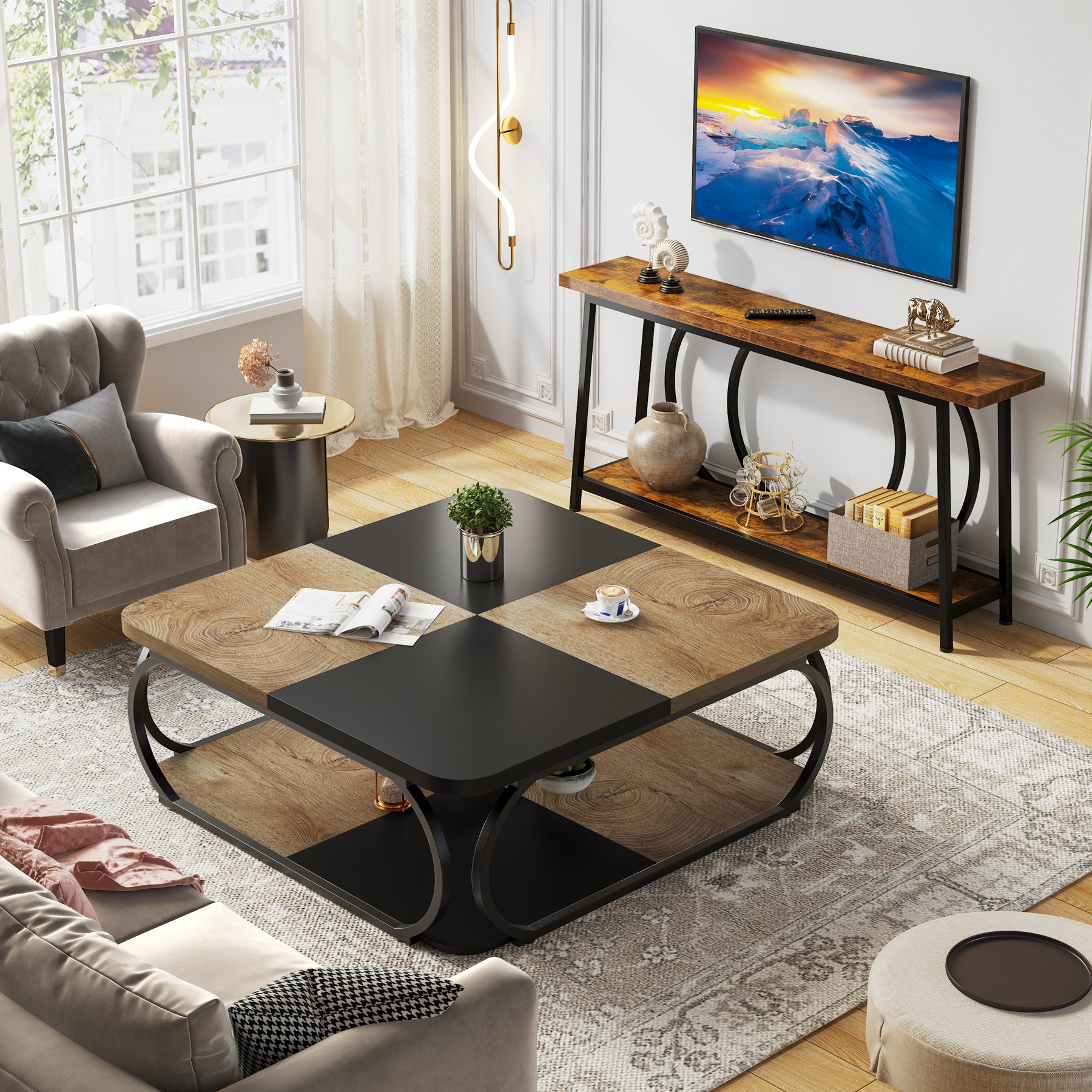 Tribesigns Table basse carrée, Table centrale de ferme avec étagère de rangement