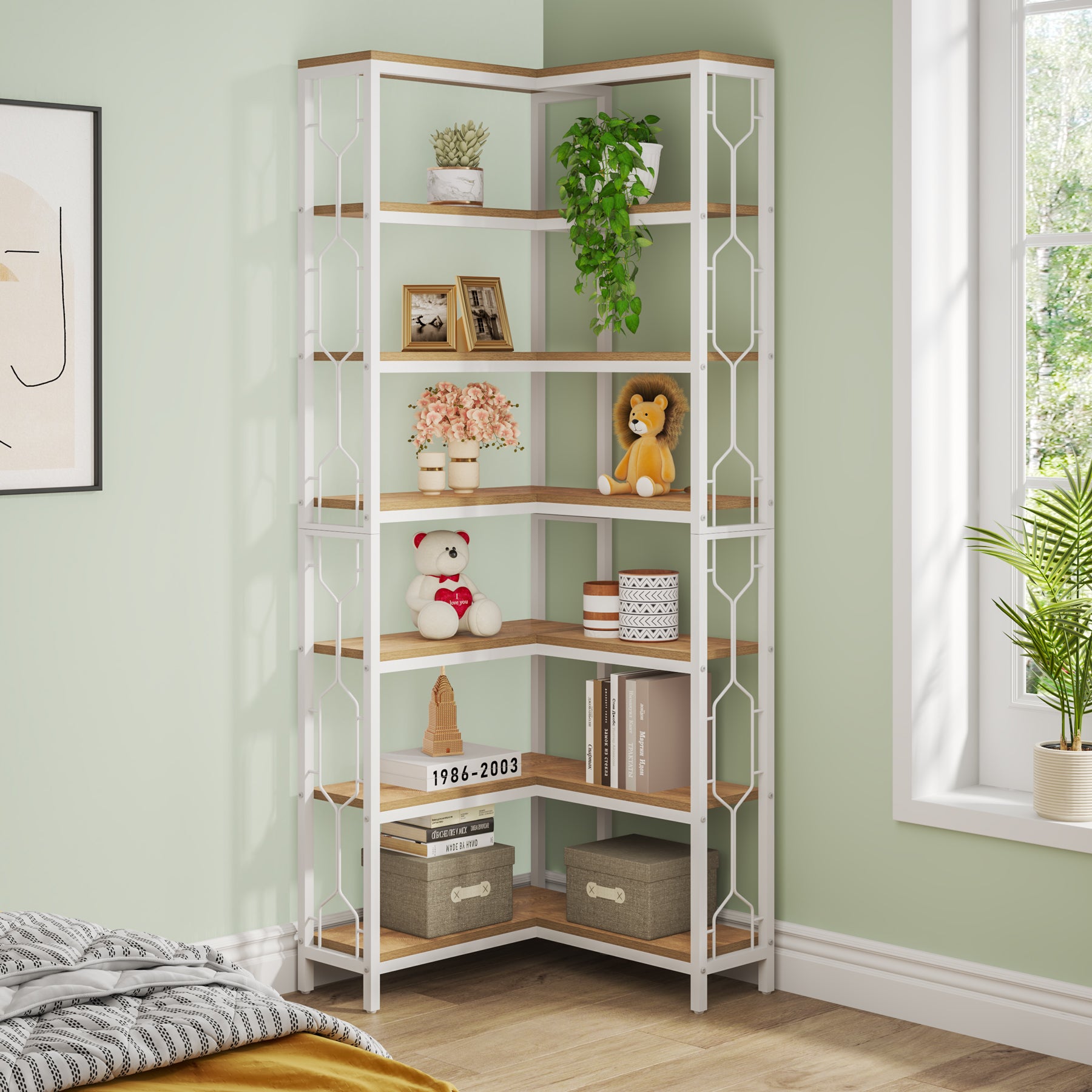 Tribesigns Étagère d'angle en bois et métal, Bibliothèque industrielle à 7 niveaux