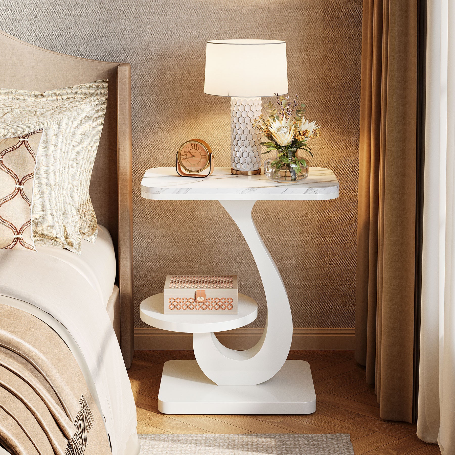 Tribesigns Table d'appoint étroite en forme de C à 2 niveaux, Table de chevet et table de canapé aspect marbre pour salon et chambre