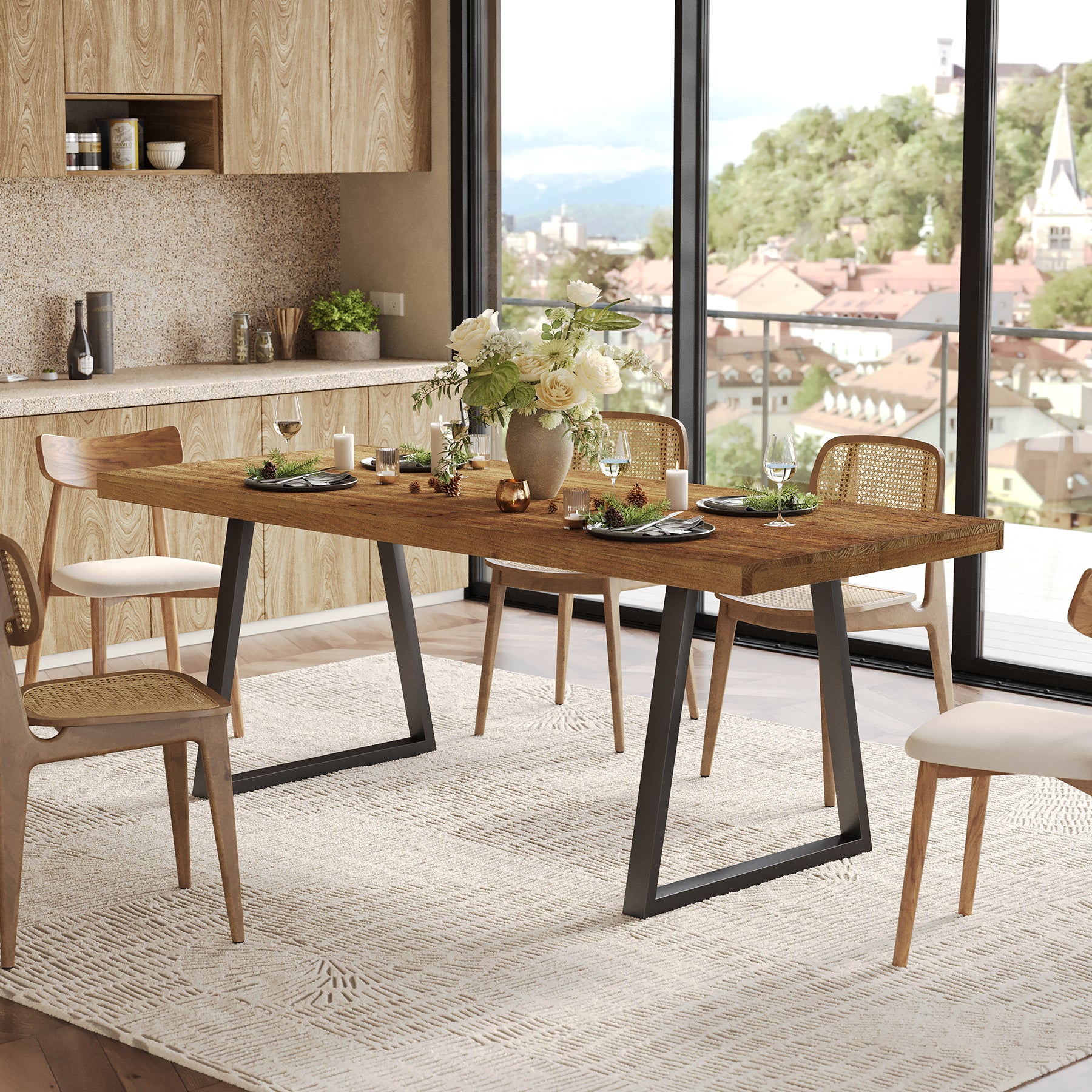 Tribesigns Table de salle à manger industrielle de 160 cm, Rectangulaire en bois massif