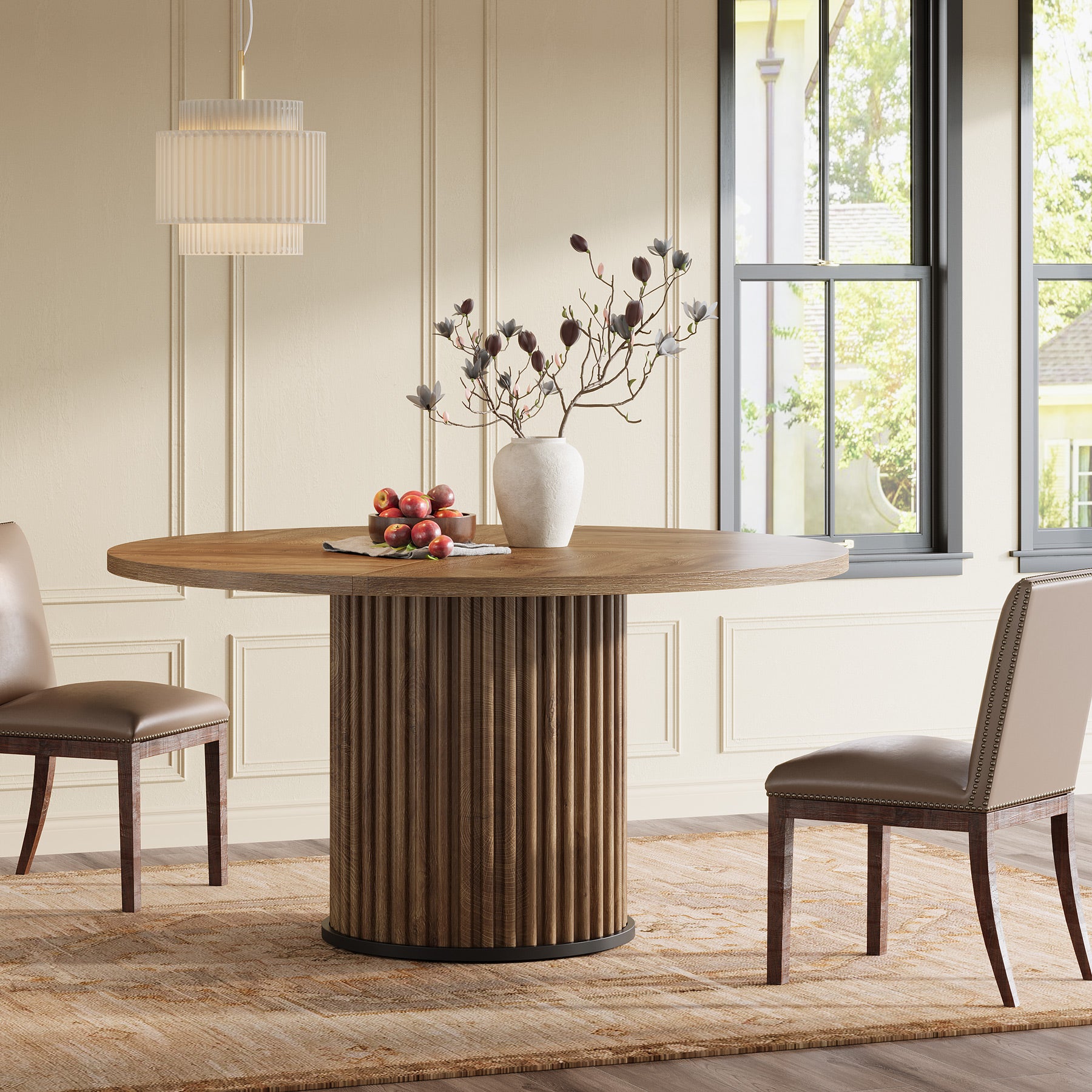 Tribesigns Table à manger ronde de 120 cm, Table de cuisine en bois avec base en métal rainuré robuste