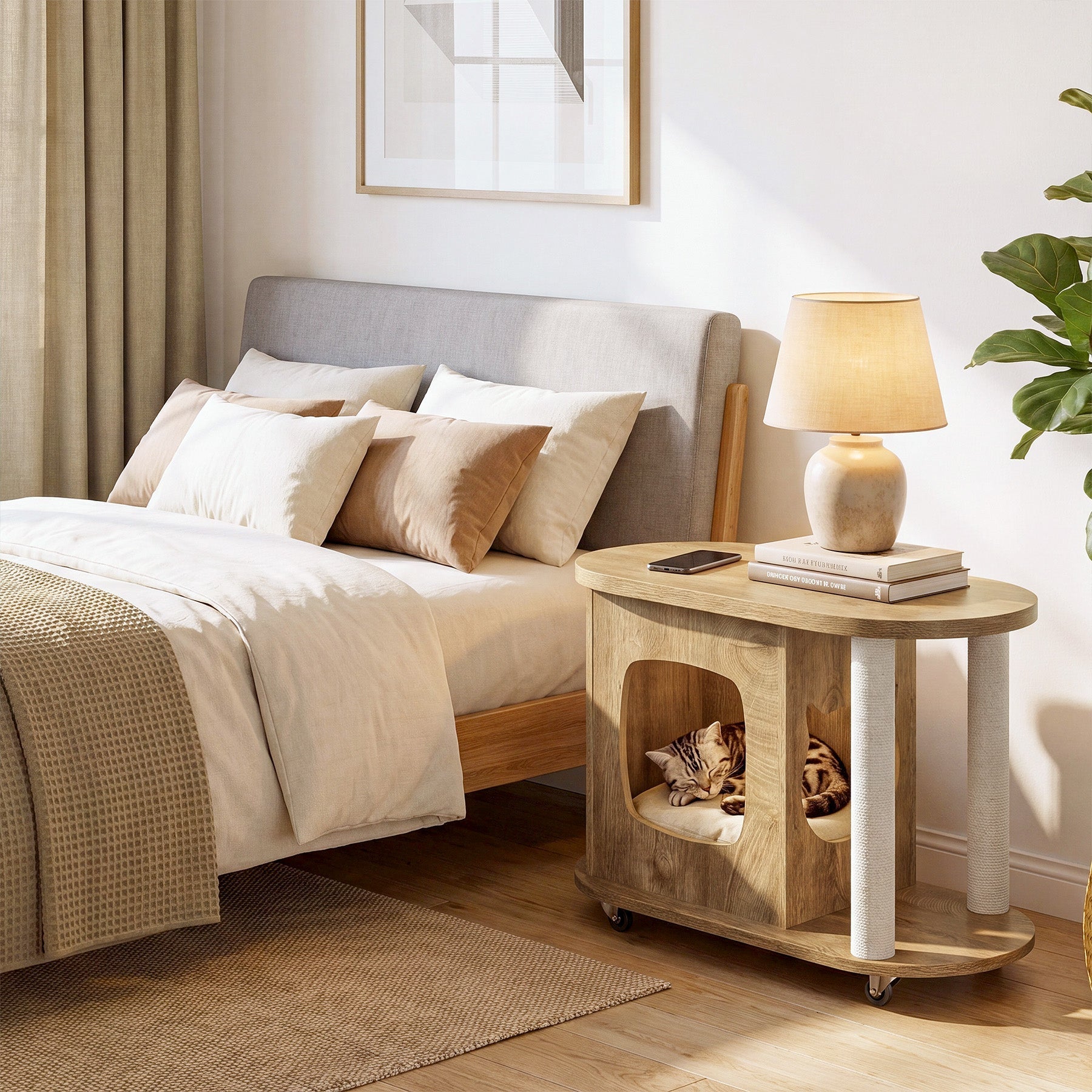 Tribesigns Maison pour chat avec griffoirs et table d'appoint, Table basse ovale sur roulettes avec cachette pour chat