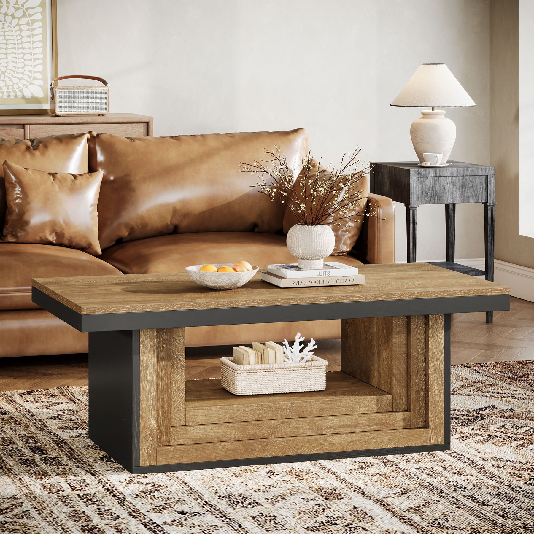 Tribesigns Table basse rectangulaire de 120 cm de style champêtre, Table de salon avec étagère et motif côtelé