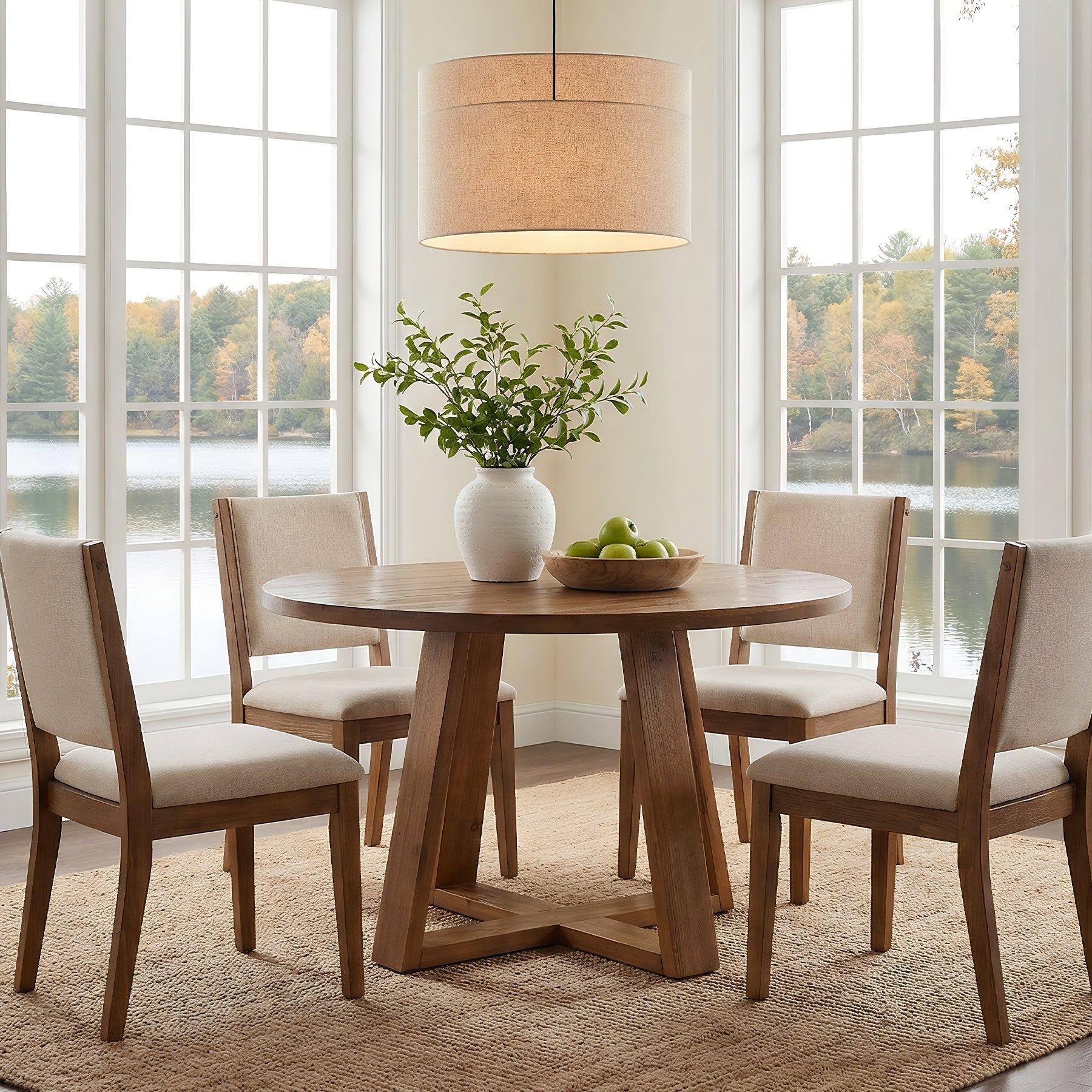 Tribesigns Table de salle à manger ronde de 120 cm, Table de cuisine rustique en bois massif avec piètement à tréteaux pour 4 personnes