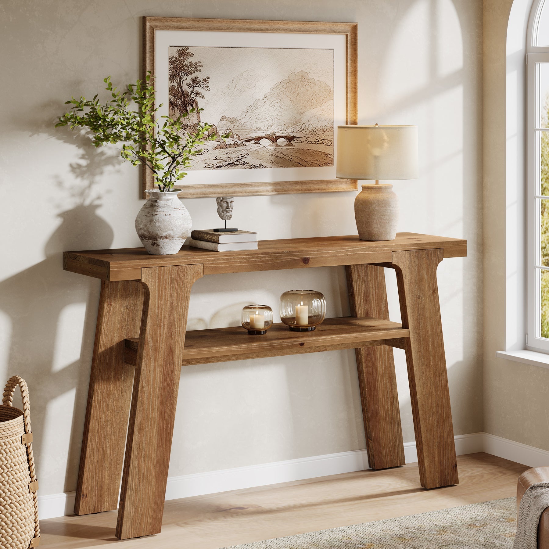 Tribesigns Console en bois massif de 120 cm, Style rustique idéale pour une entrée ou un canapé avec 2 étagères