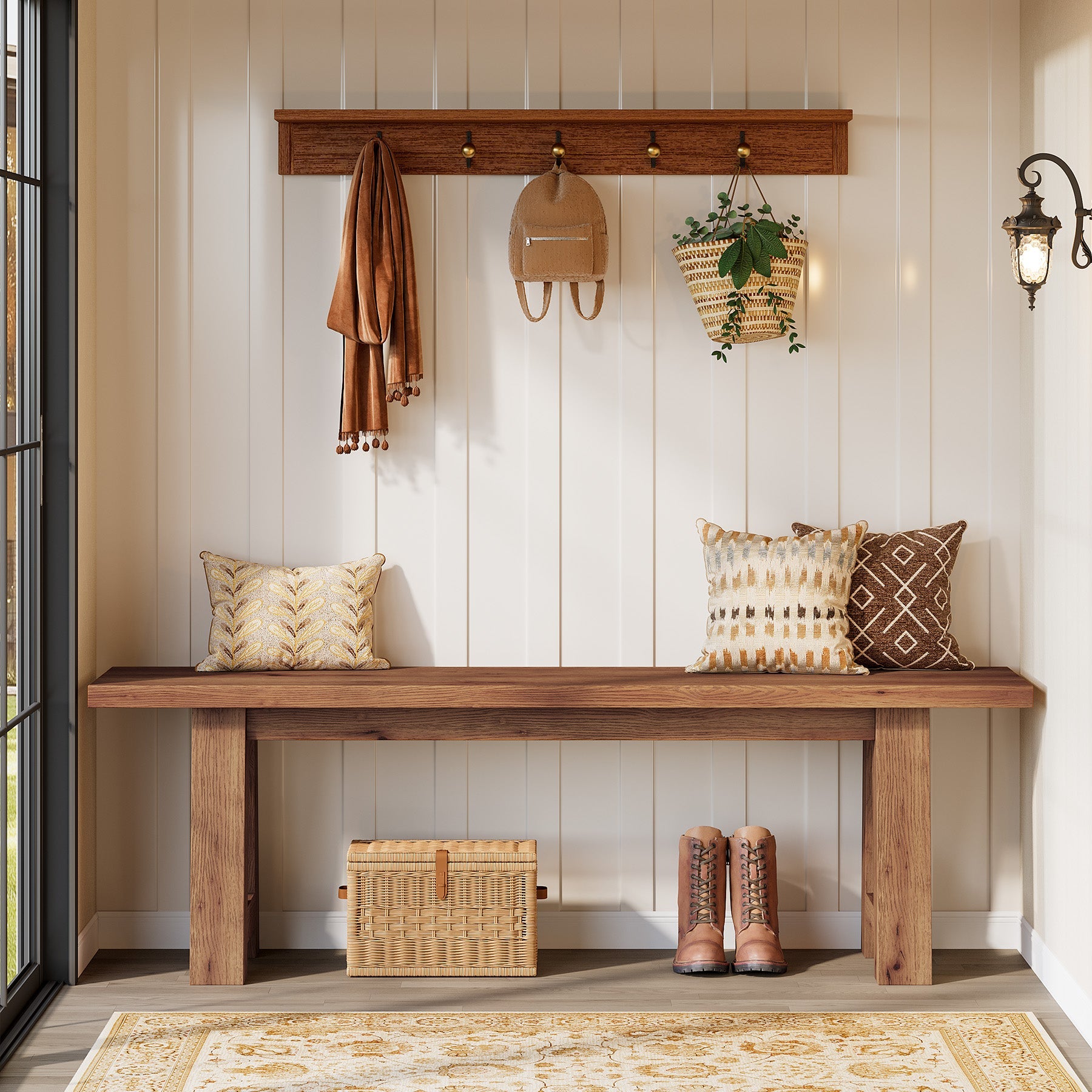 Banc en bois massif de 140 cm de long, Style champêtre en bois naturel