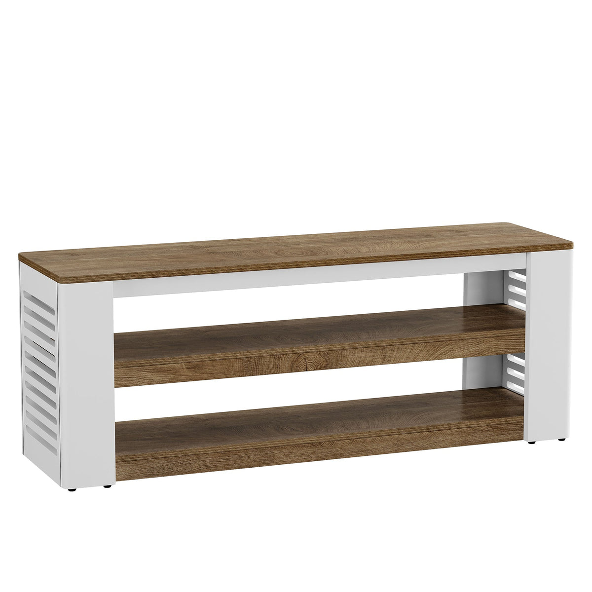 Meuble TV bas de 160 cm pour téléviseurs jusqu'à 75 pouces, Meuble TV à 3 niveaux avec espace de rangement et côtés à lamelles