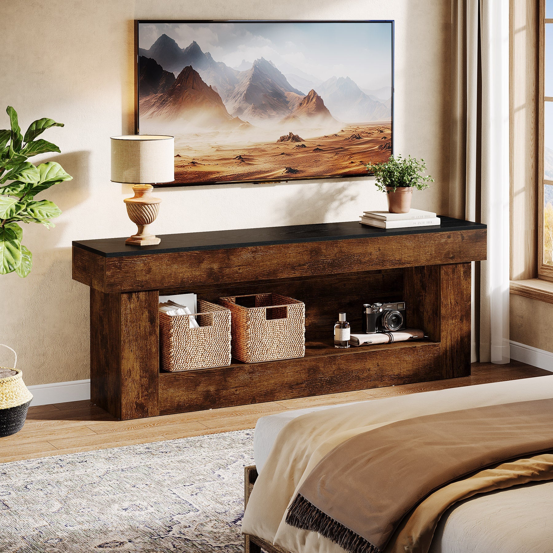 Meuble TV bas 160 cm avec espace de rangement, Meuble TV moderne pour téléviseurs de 60 à 70 pouces