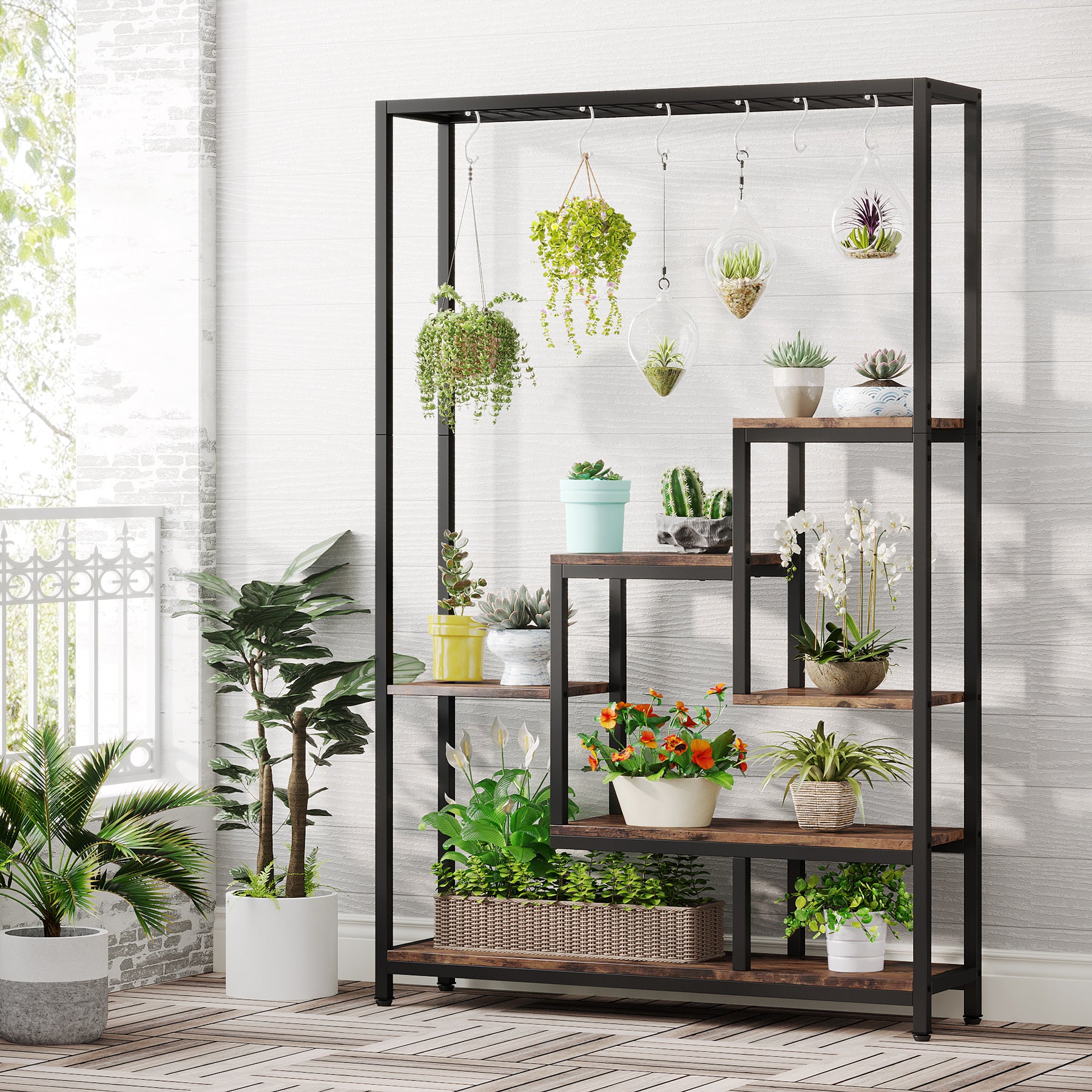 Tribesigns Support pour plantes d'intérieur à 5 niveaux, Étagère en métal avec 10 crochets de suspension en S