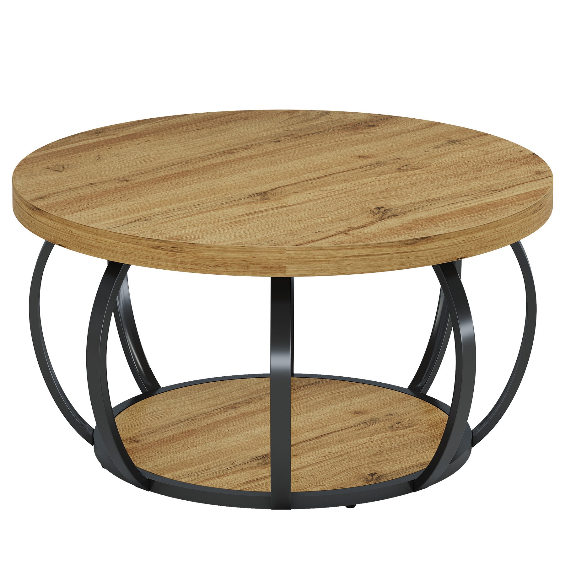 Tribesigns Table basse ronde, Table basse industrielle à 2 niveaux avec étagères de rangement