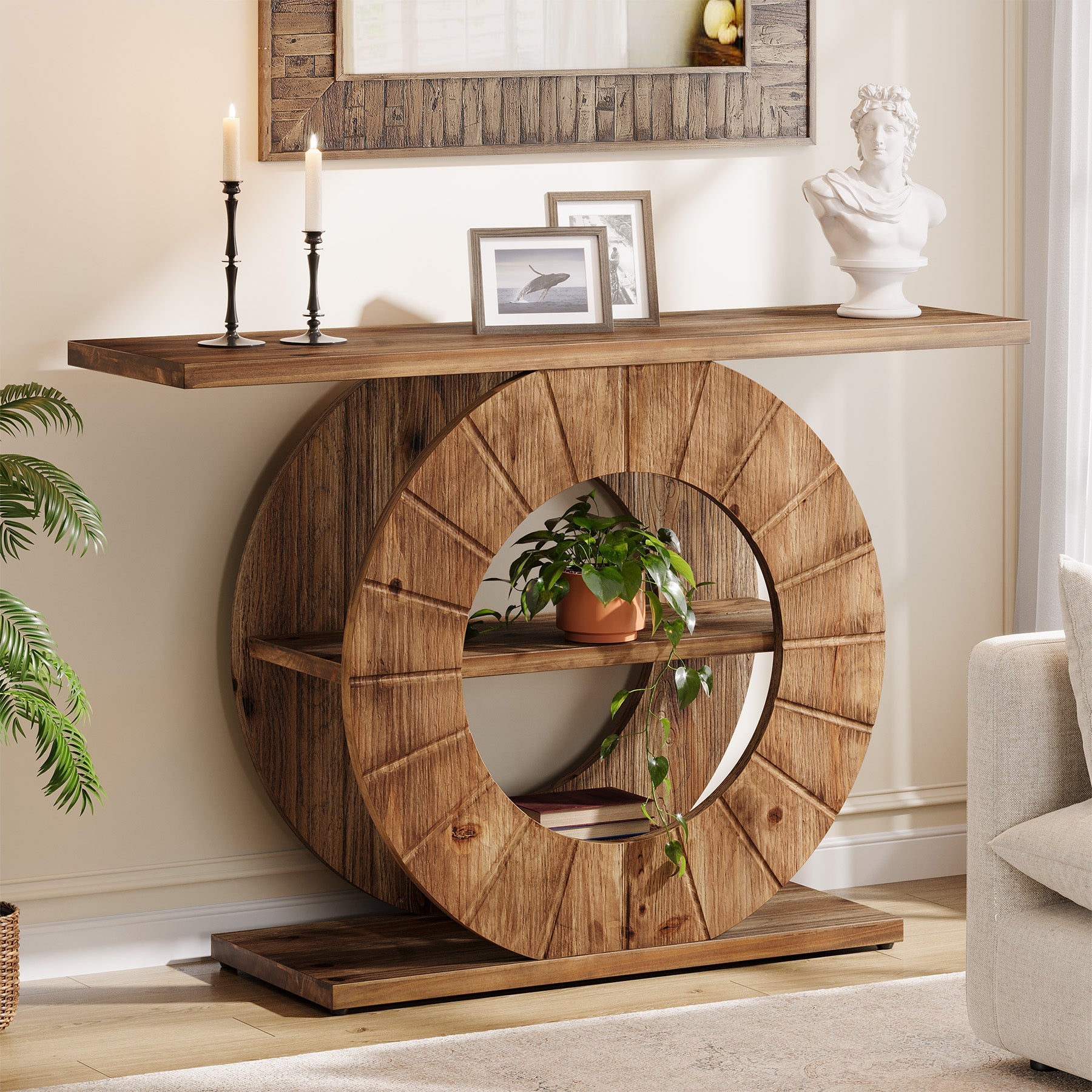 Tribesigns Console en bois massif de 105 cm avec 3 étagères, Console étroite de style champêtre