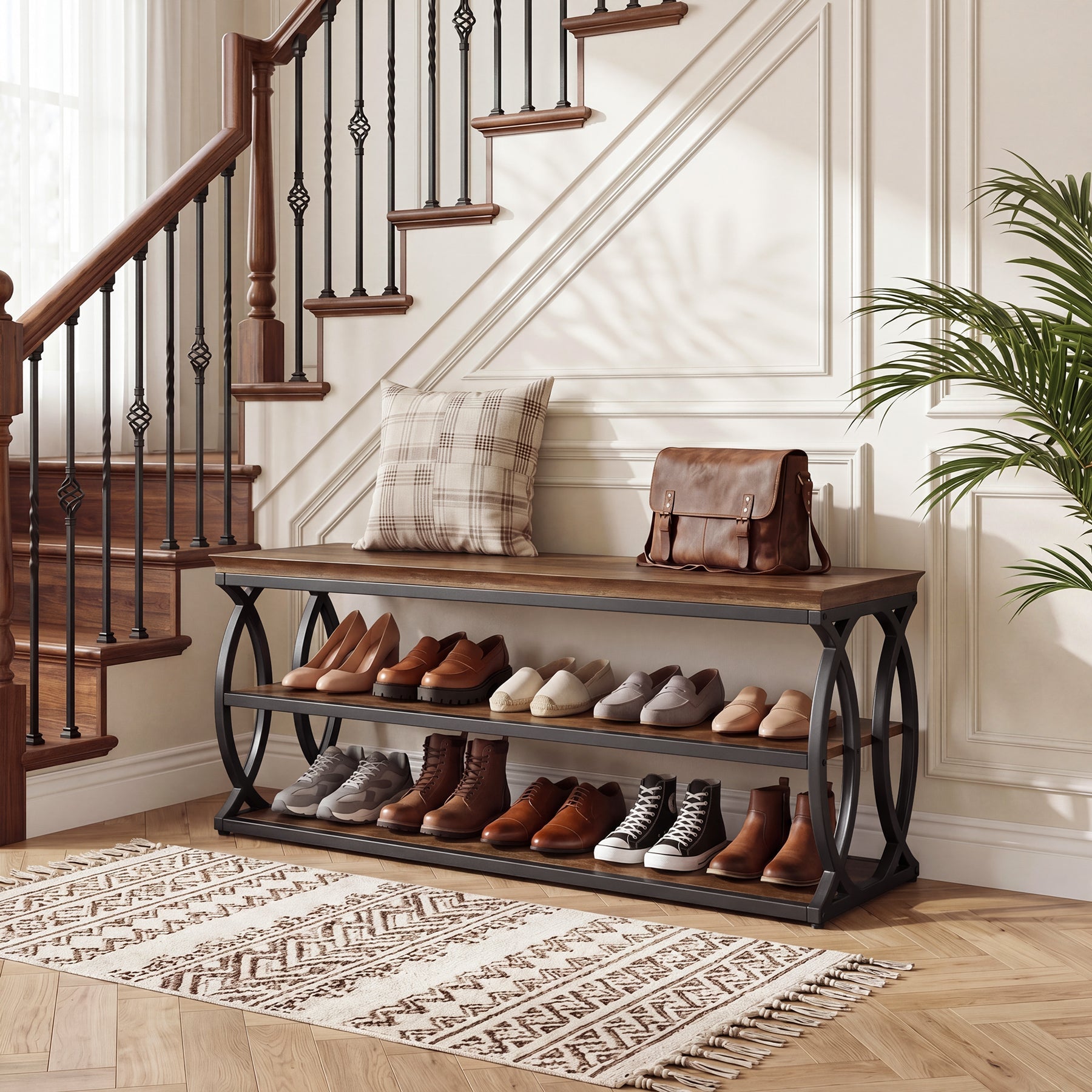 Banc à chaussures avec rangement (120 cm), Meuble à chaussures 3 niveaux avec assise (style industriel et ferme)
